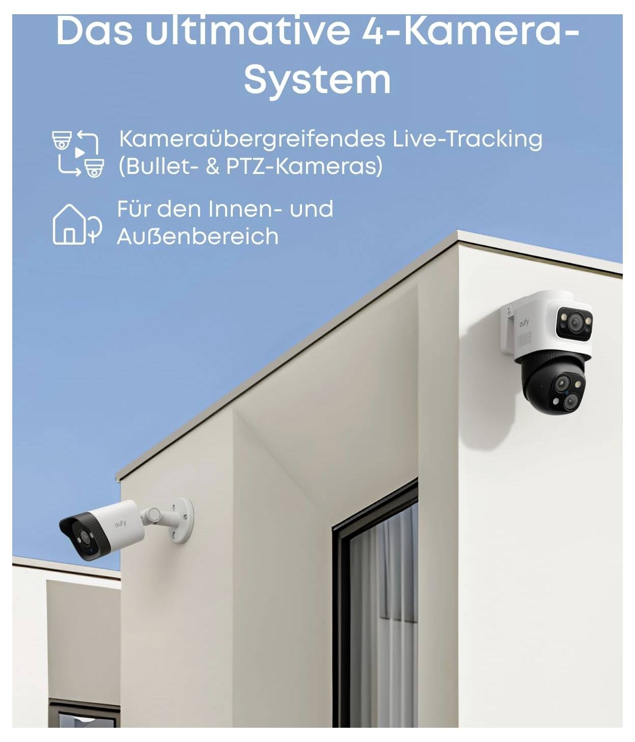 Werbebild eines modernen Hauses mit vier Sicherheitskameras, gekennzeichnet auf Deutsch als „Das ultimative 4-Kamera-System