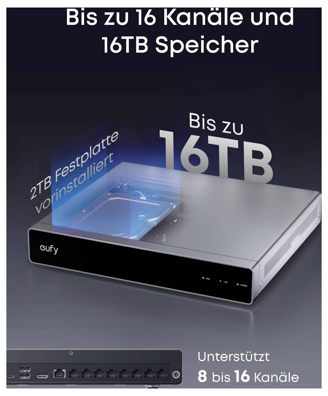 Advertising image of a eufy security recorder featuring up to 16 channels, 16 TB storage and pre-installed 2 TB hard drive.