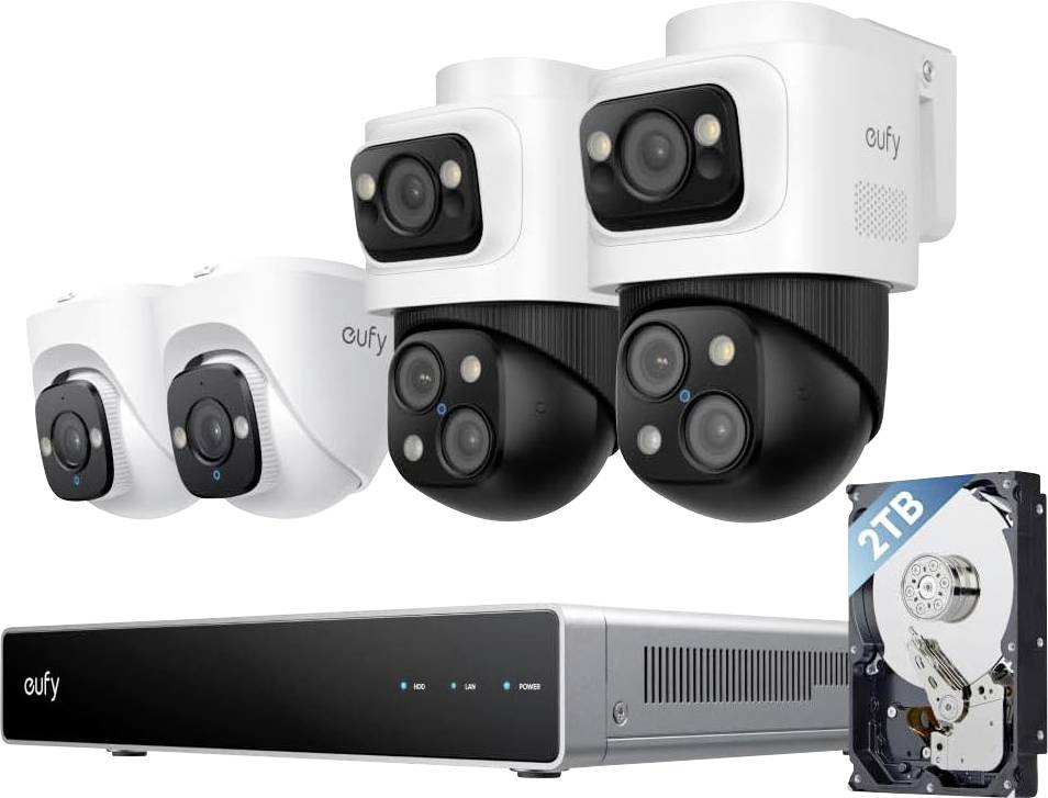 Eufy-Sicherheitskamerasystem mit mehreren Innen- und Außenkameras, einem zentralen Rekorder und einer 2-TB-Festplatte zur Videospeicherung.