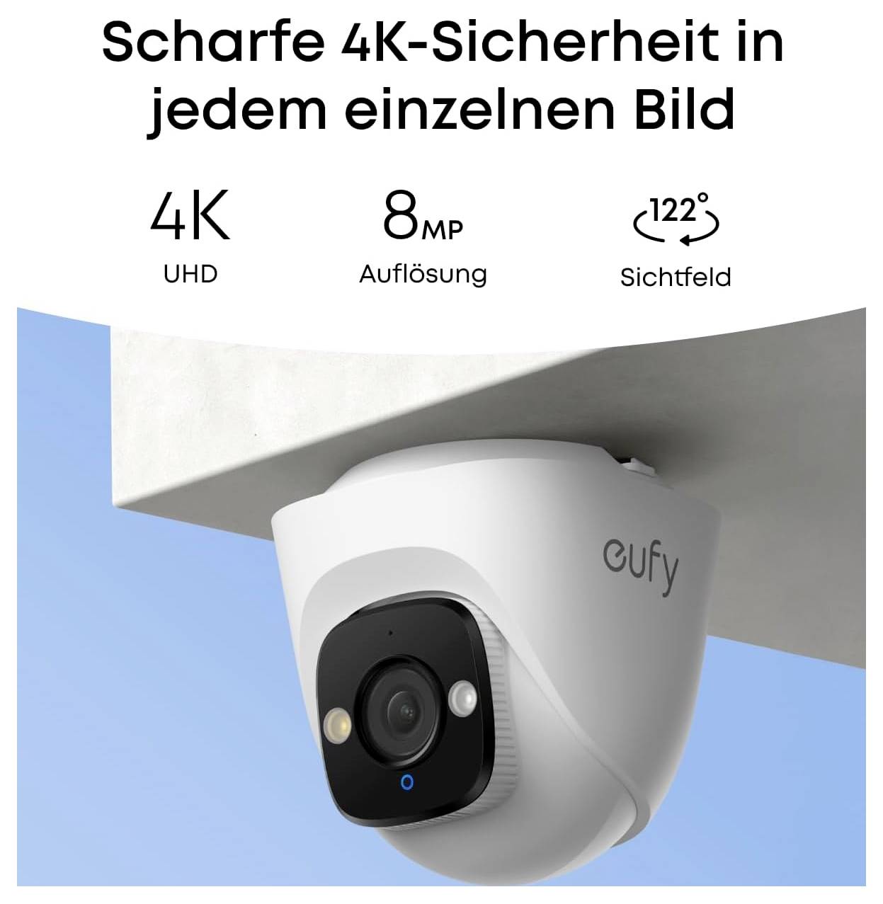 Deckenmontagekamera mit Werbetext: „Scharfe 4K-Sicherheit in jedem einzelnen Bild