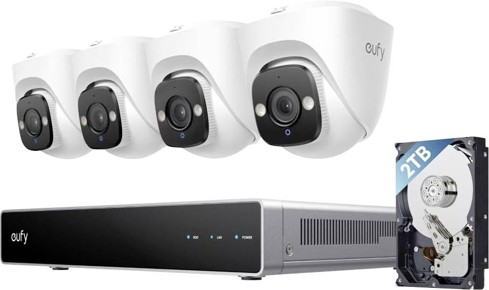 Eufy-Sicherheitskamerasystem mit vier Außenkameras, einer Aufzeichnungseinheit und einer 2-TB-Festplatte zur Videospeicherung.