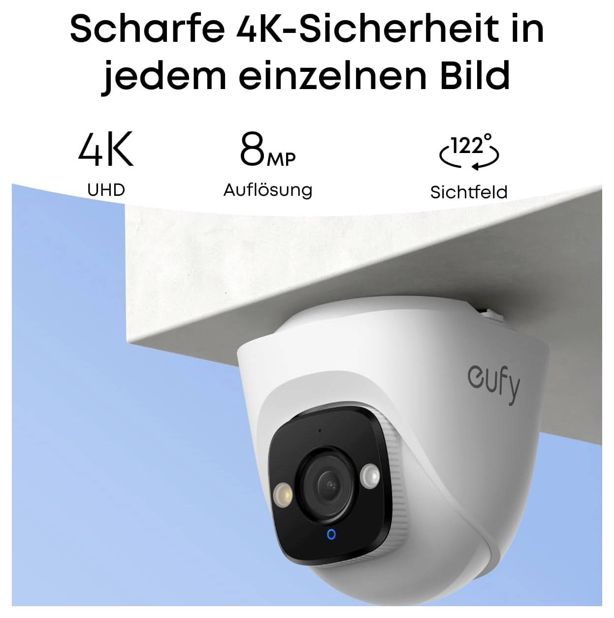 Werbebild einer eufy-Sicherheitskamera mit „4K UHD