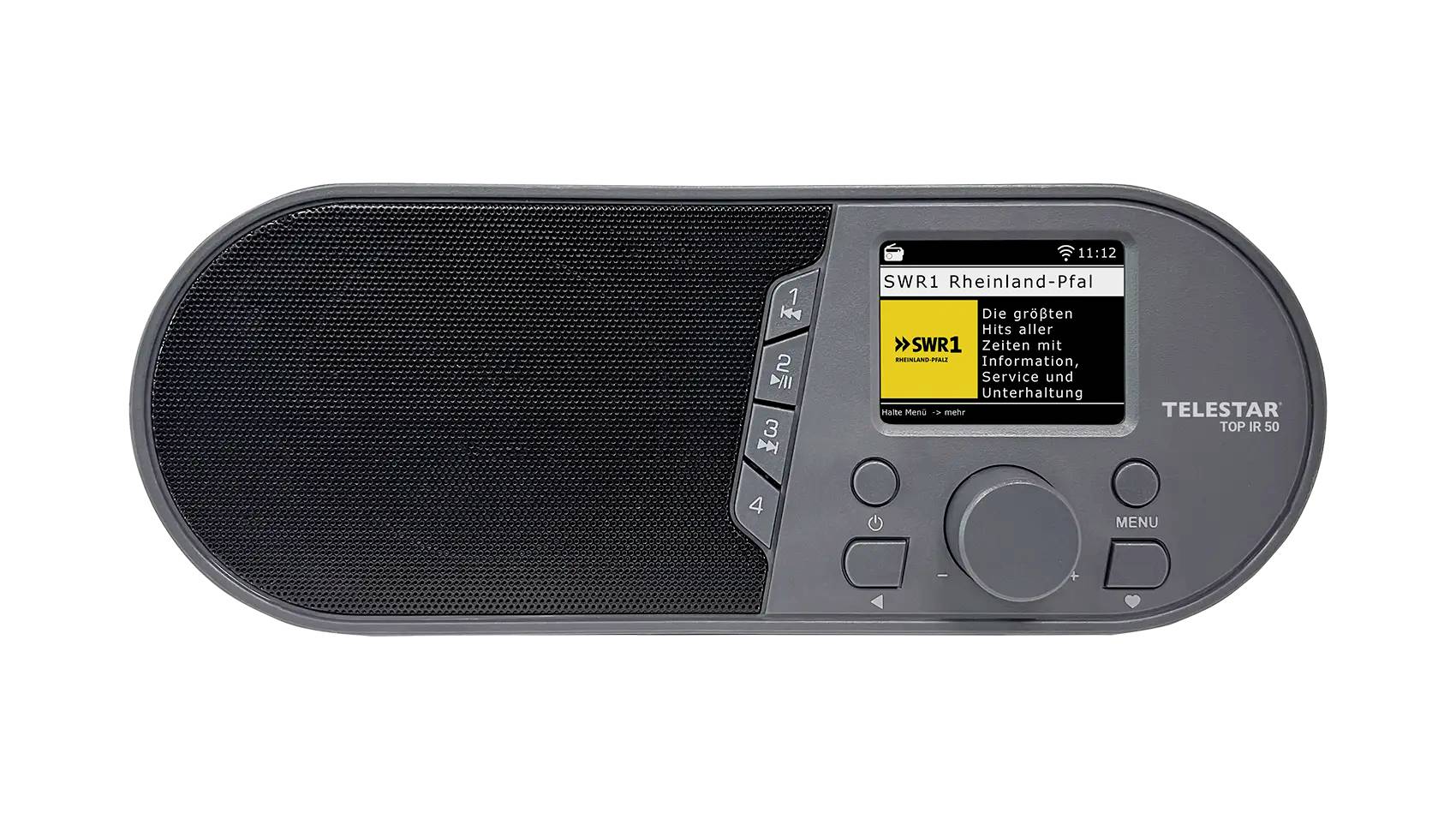 Schwarzes Telestar-Tischradio mit Lautsprechergitter, kleines Display zeigt 
