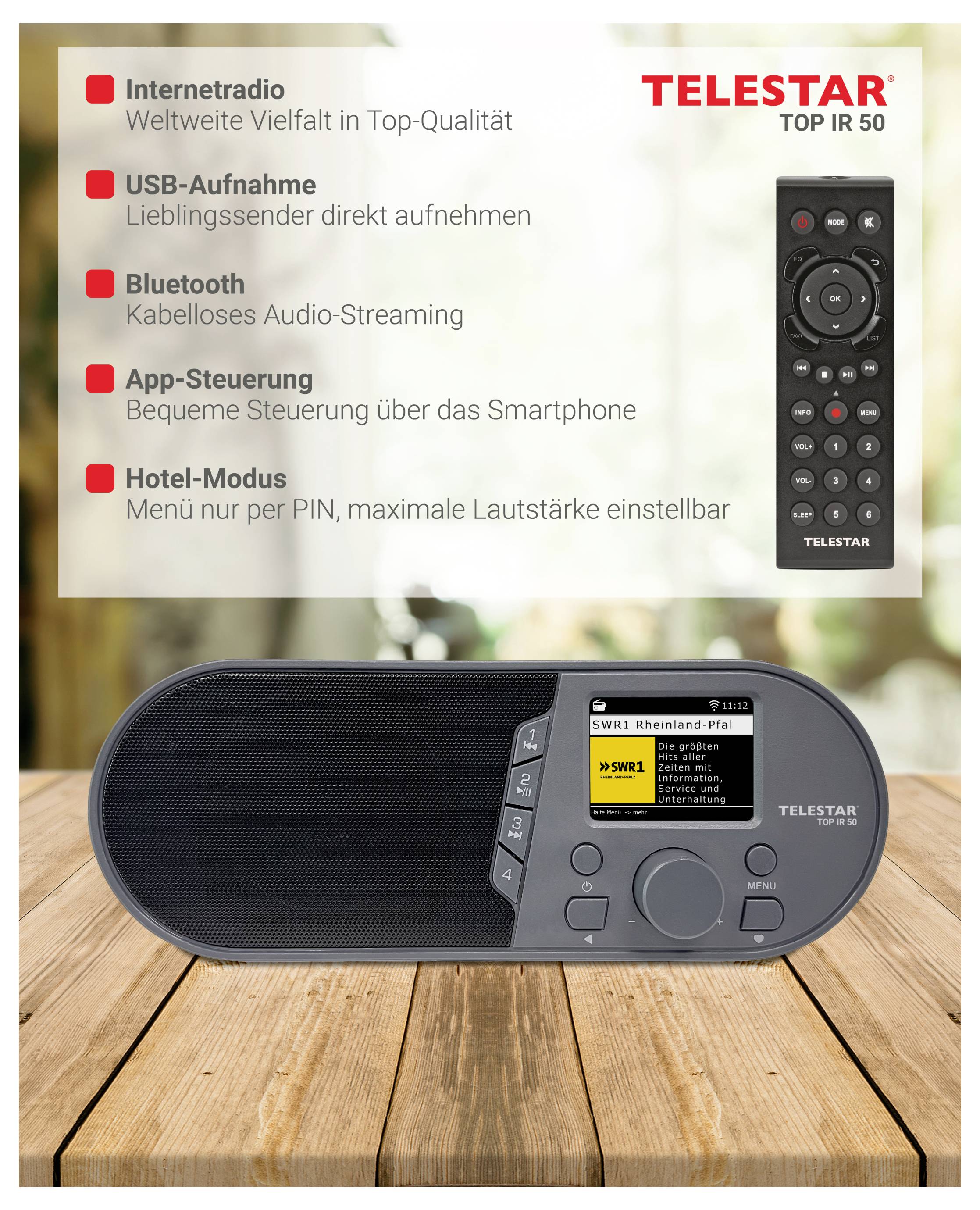 Werbebild eines TELSTAR TOP IR 50 Internetradios mit Fernbedienung, das folgende Funktionen zeigt: Internetradio, USB-Aufnahme, Bluetooth, App-Steuerung und Hotelmodus.