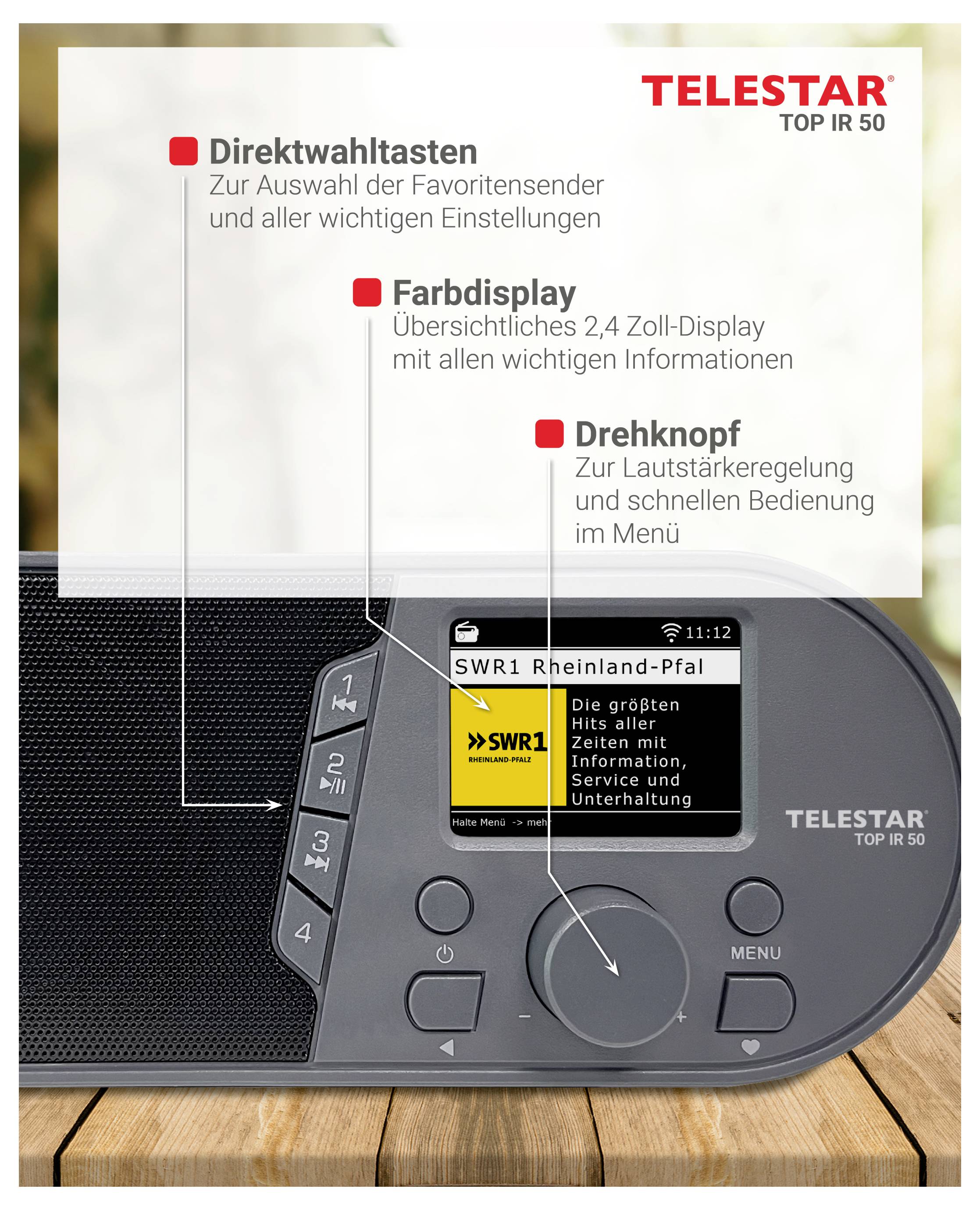 Produktbild des TELSTAR TOP IR 50 Radios mit Hauptmerkmalen: direkte Stationstasten, 2,4-Zoll-Farbdisplay und Lautstärke-/Menü-Drehknopf.