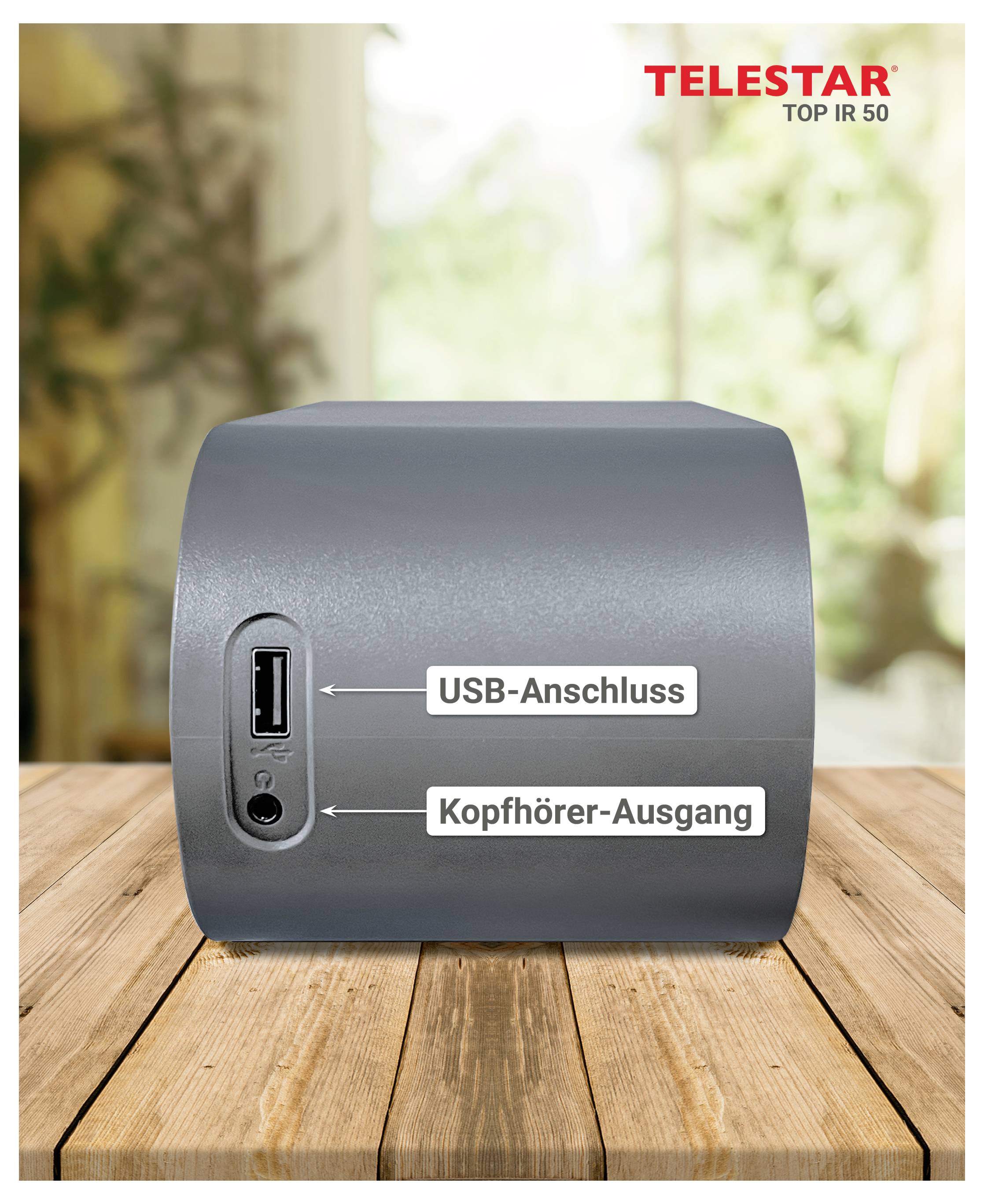 Graues Lautsprechergerät auf einem Holztisch, mit beschrifteten Anschlüssen für „USB-Anschluss