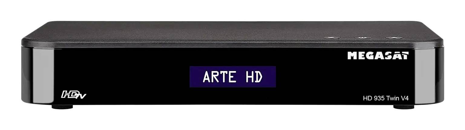 Frontansicht eines schwarzen MEGASAT HD 935 Twin V4 Satellitenempfängers mit 