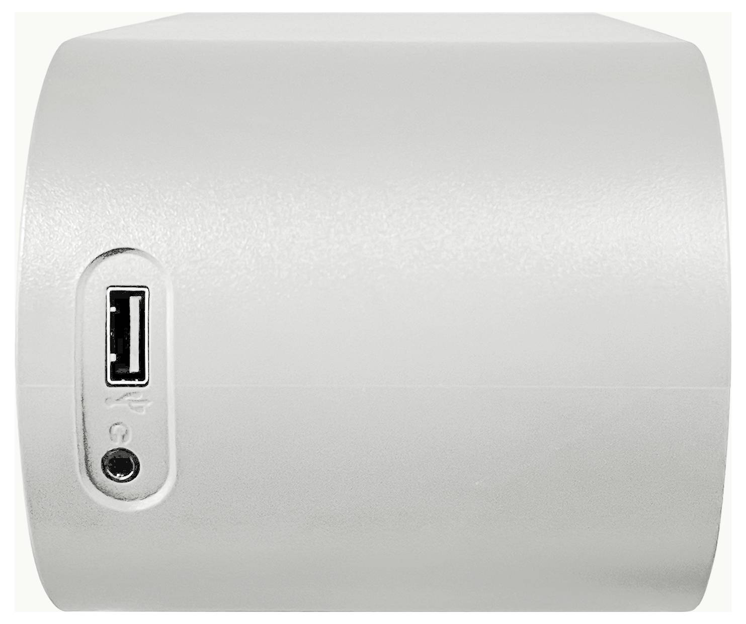 Weißes rechteckiges elektronisches Gerät mit einem vorderen USB-Anschluss und einer kleinen runden Buchse auf der linken Seite.