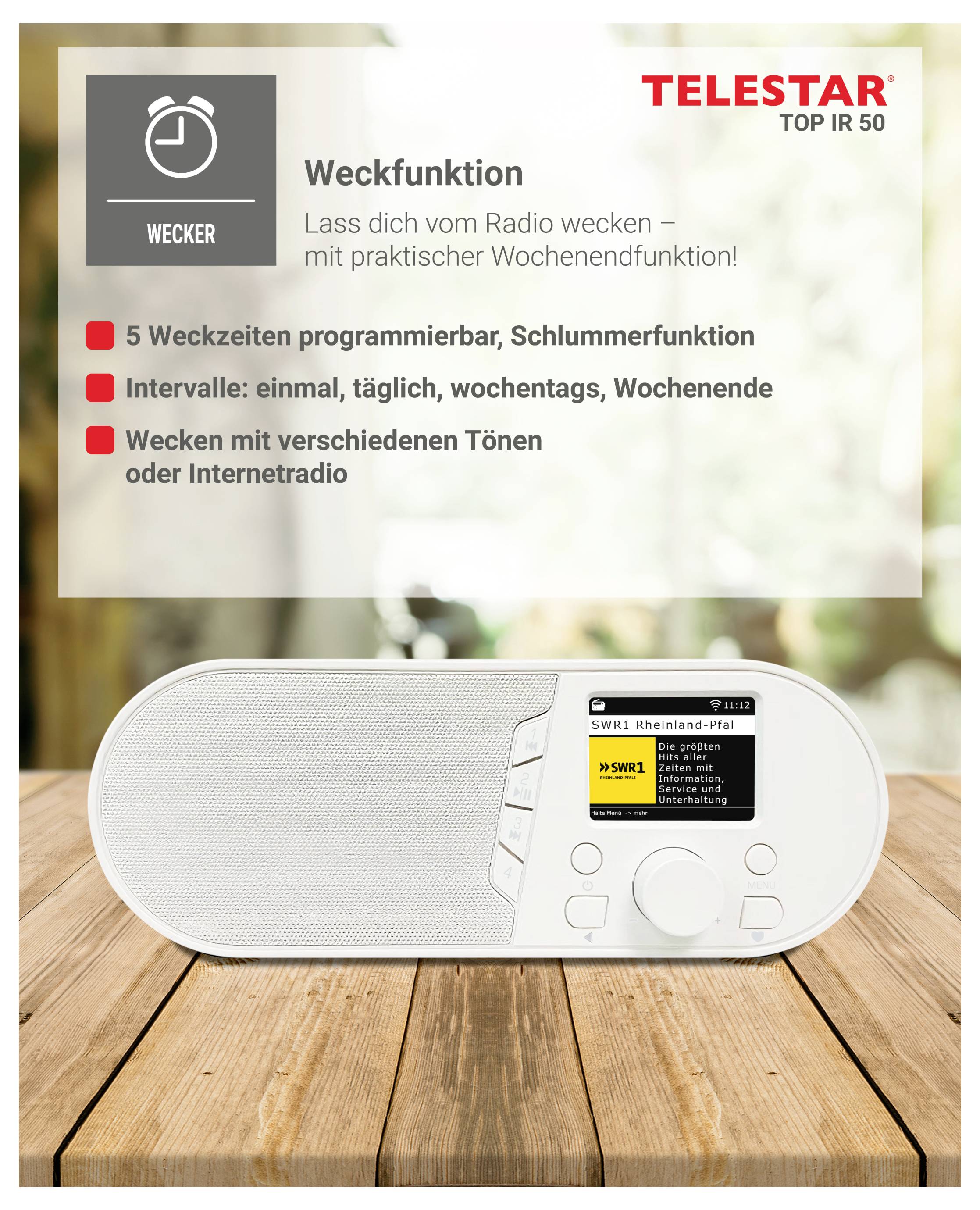 Werbebild des Telestar TOP IR 50 Radioweckers, das die Merkmale der „Weckfunktion
