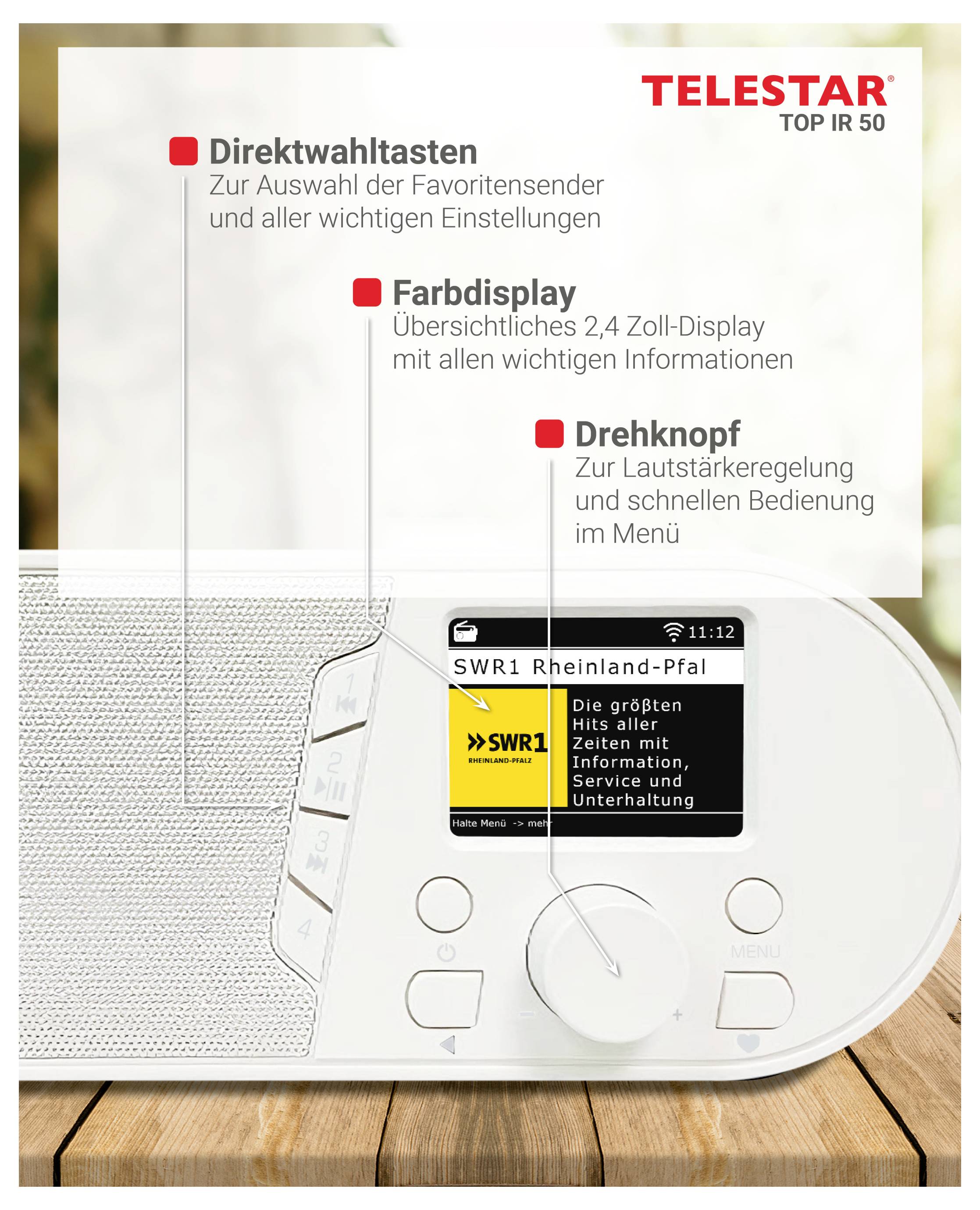 Weißes TELESATR TOP IR 50 Radio mit Farbdisplay und großem Lautstärkeregler auf Holzoberfläche, dargestellt mit deutschen Funktionsbeschriftungen für Stationsspeicher, Display und Drehregler.