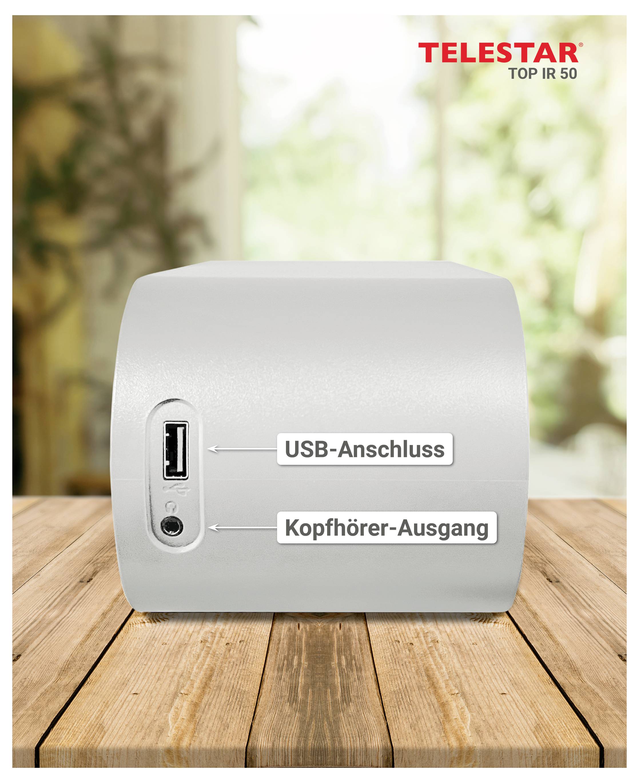 Produktbild eines TELESAR TOP IR 50-Geräts mit einem als 'USB-Anschluss' bezeichneten USB-Port und einem als 'Kopfhörer-Ausgang' bezeichneten Kopfhörerausgang.