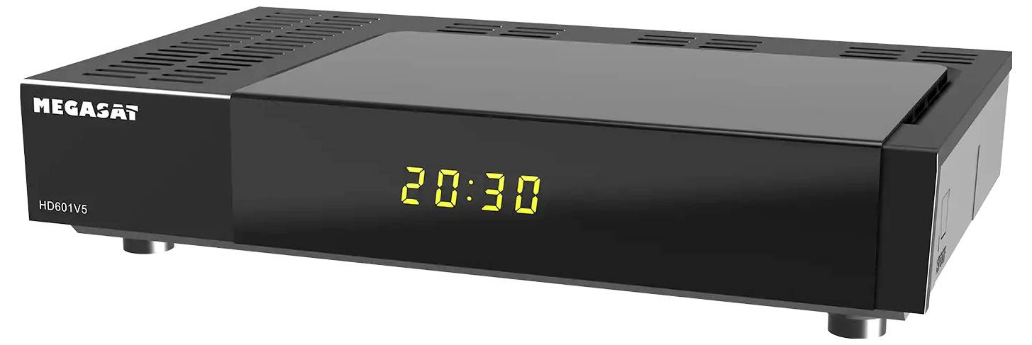 Schwarzer Megasat HD501V5 Set-Top-Box mit gelbem digitalen Uhrendisplay, das auf der Frontplatte 