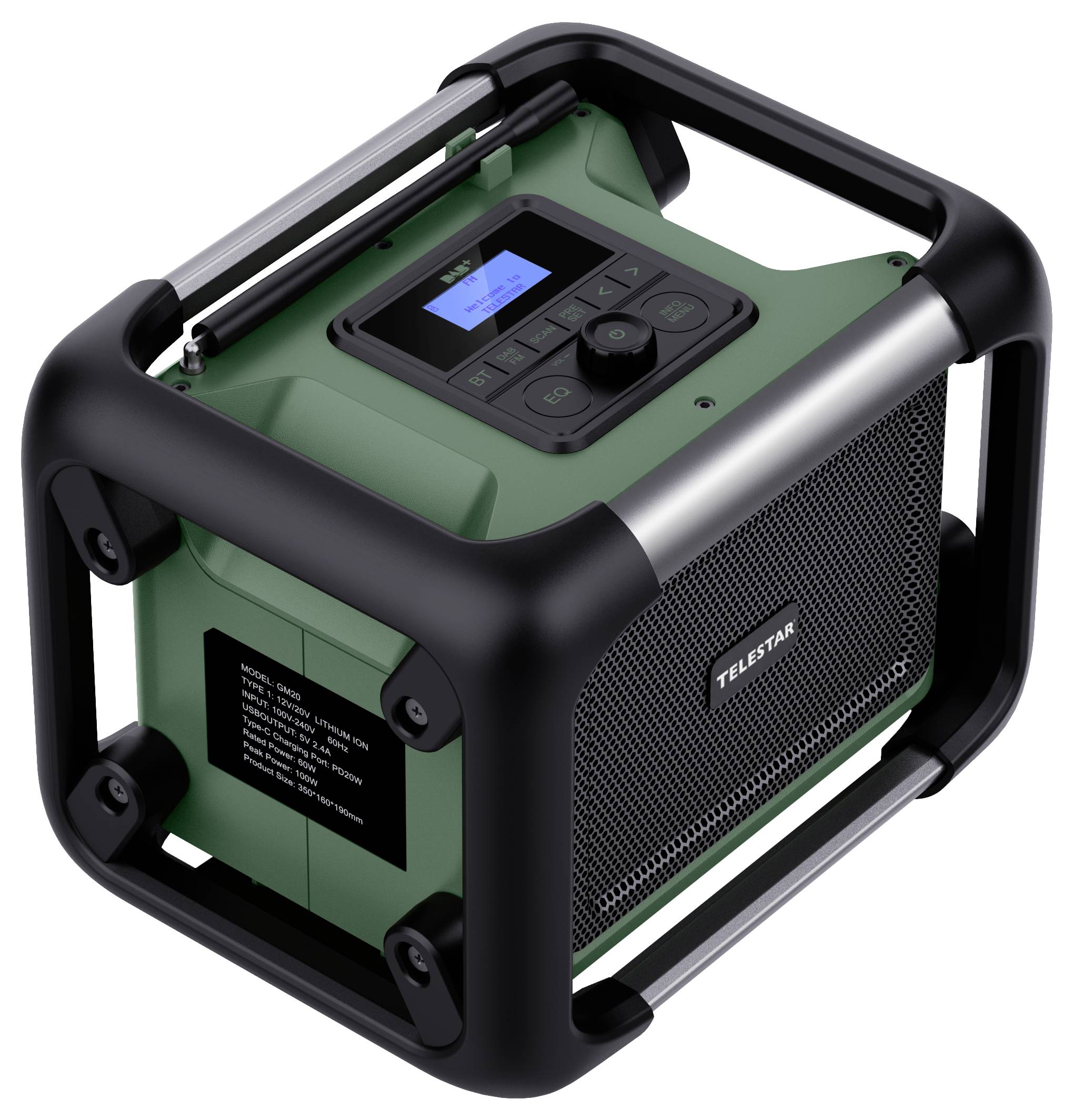 Tragbarer grüner Telstar-Generator mit schwarzem Schutzrahmen und Bedienfeld, auf weißem Hintergrund abgebildet.