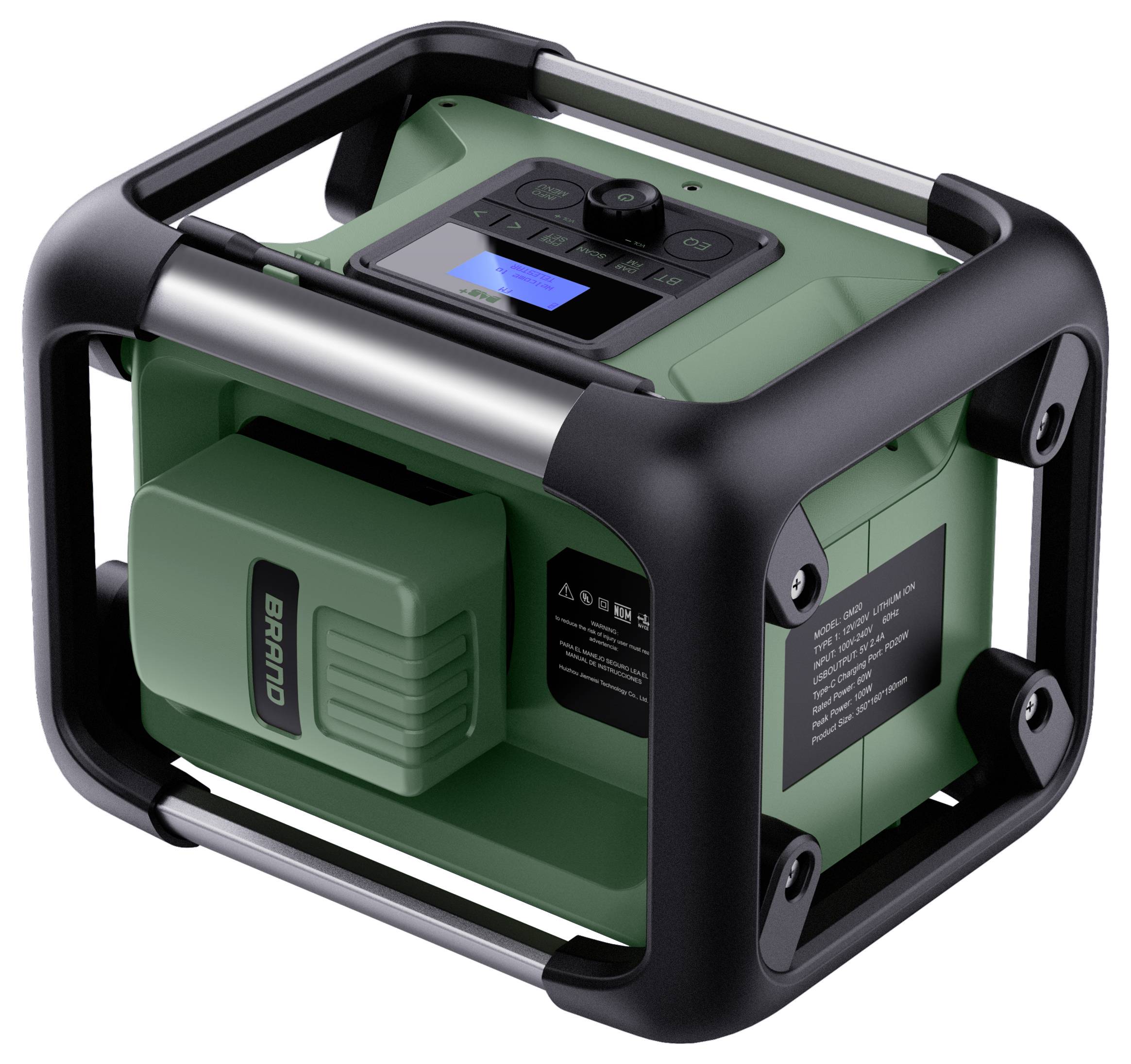 Tragbarer grüner Generator mit schwarzem Rahmen und Bedienfeld, dargestellt in einer produktstylisierten Ansicht auf weißem Hintergrund.