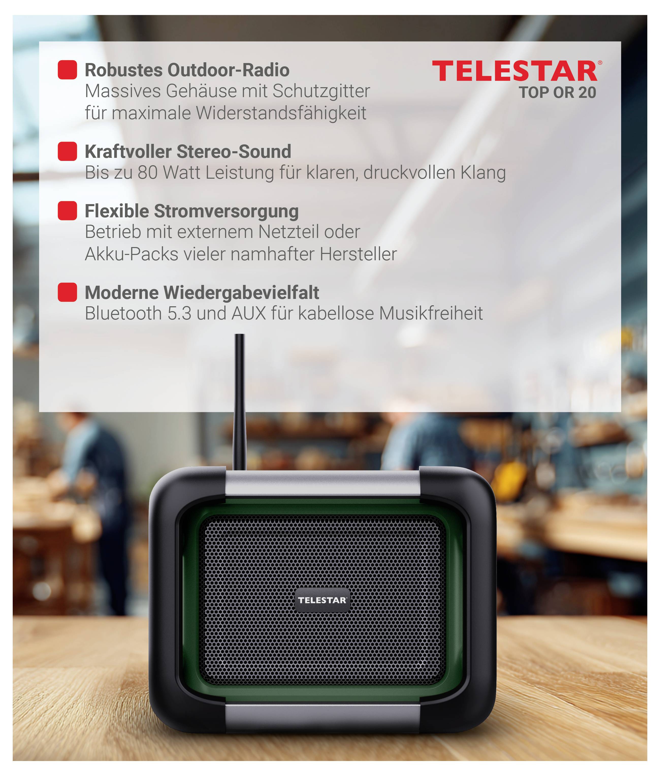 TELSTAR TOP OR 20 tragbares Outdoor-Radio auf einem Tisch, mit deutscher Funktionstexthervorhebung robustes Gehäuse, 80-Watt-Stereosound, flexible Stromversorgung und Bluetooth 5.3/AUX.