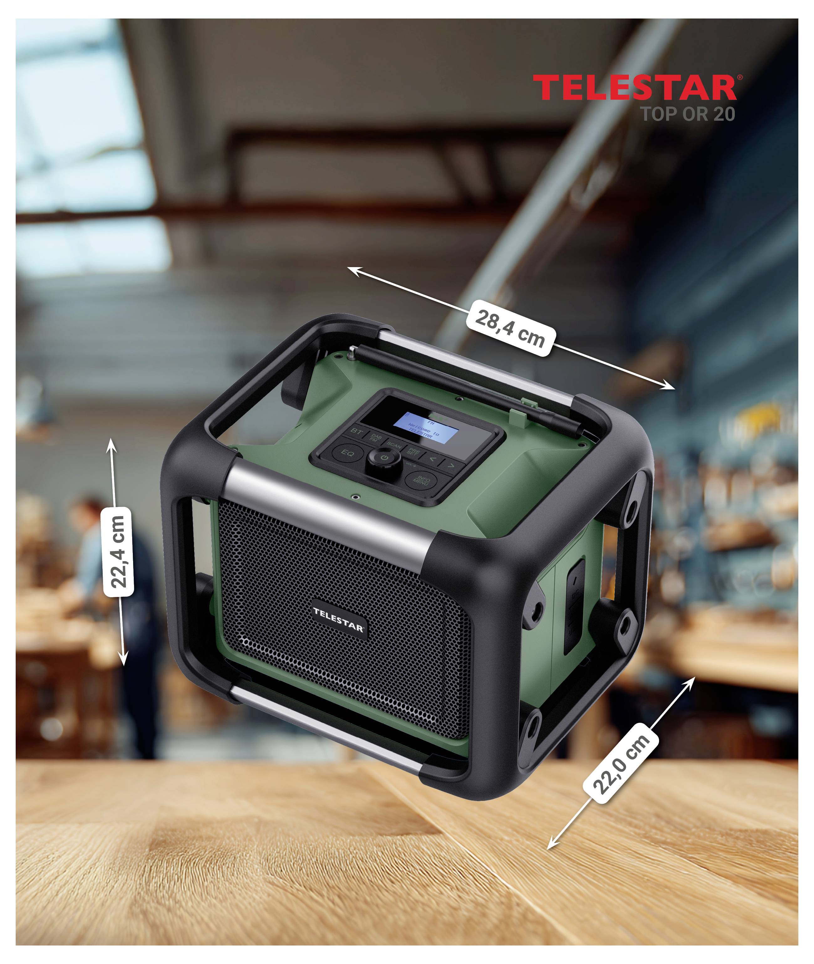 Telestar Top 20 tragbarer Radio-Lautsprecher mit den Abmessungen 28,4 cm, 22,4 cm und 22,0 cm.
