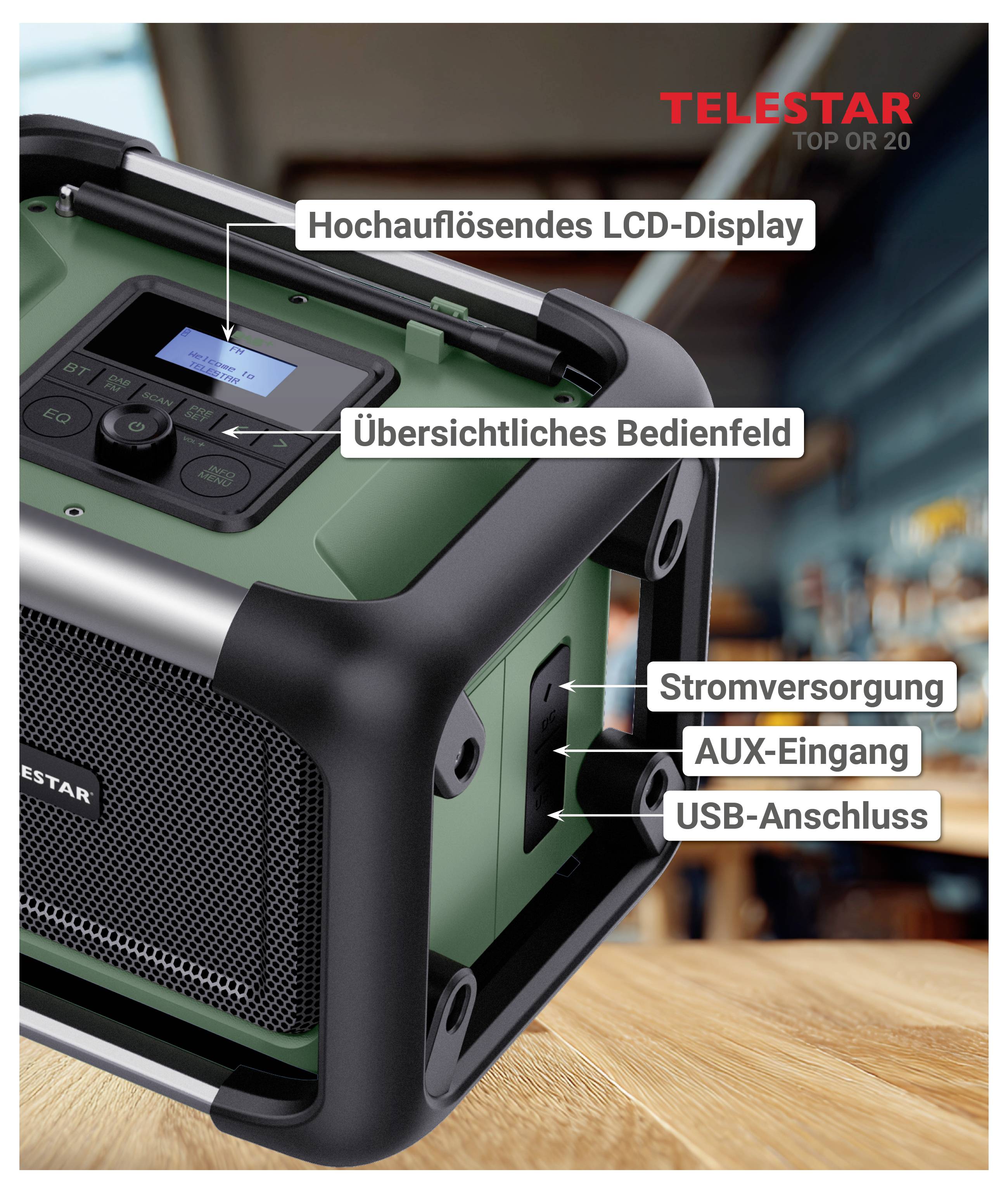 Telestar tragbarer Radioredner mit hochauflösigem LCD-Display, einfacher Bedienfeld, Stromeingang, AUX-Eingang und USB-Anschluss.