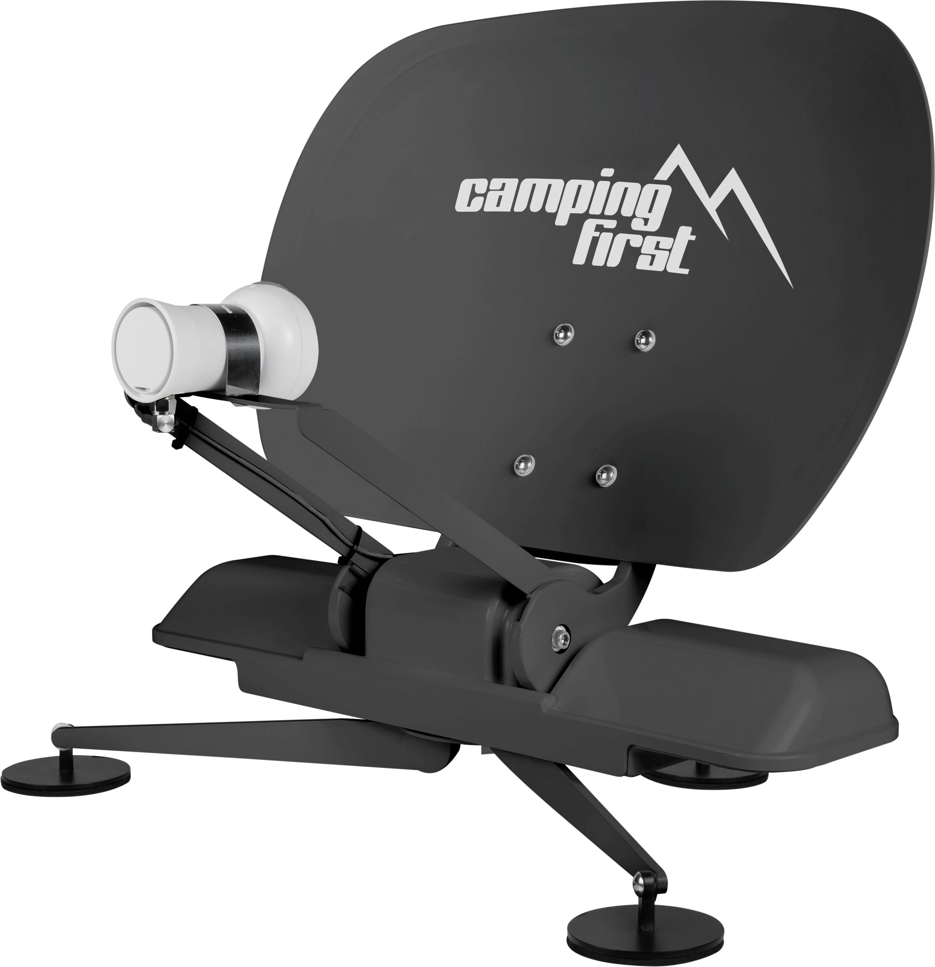 Schwarze Camping-Satellitenschüssel mit Montagebasis und LNB-Arm, vor weißem Hintergrund dargestellt.
