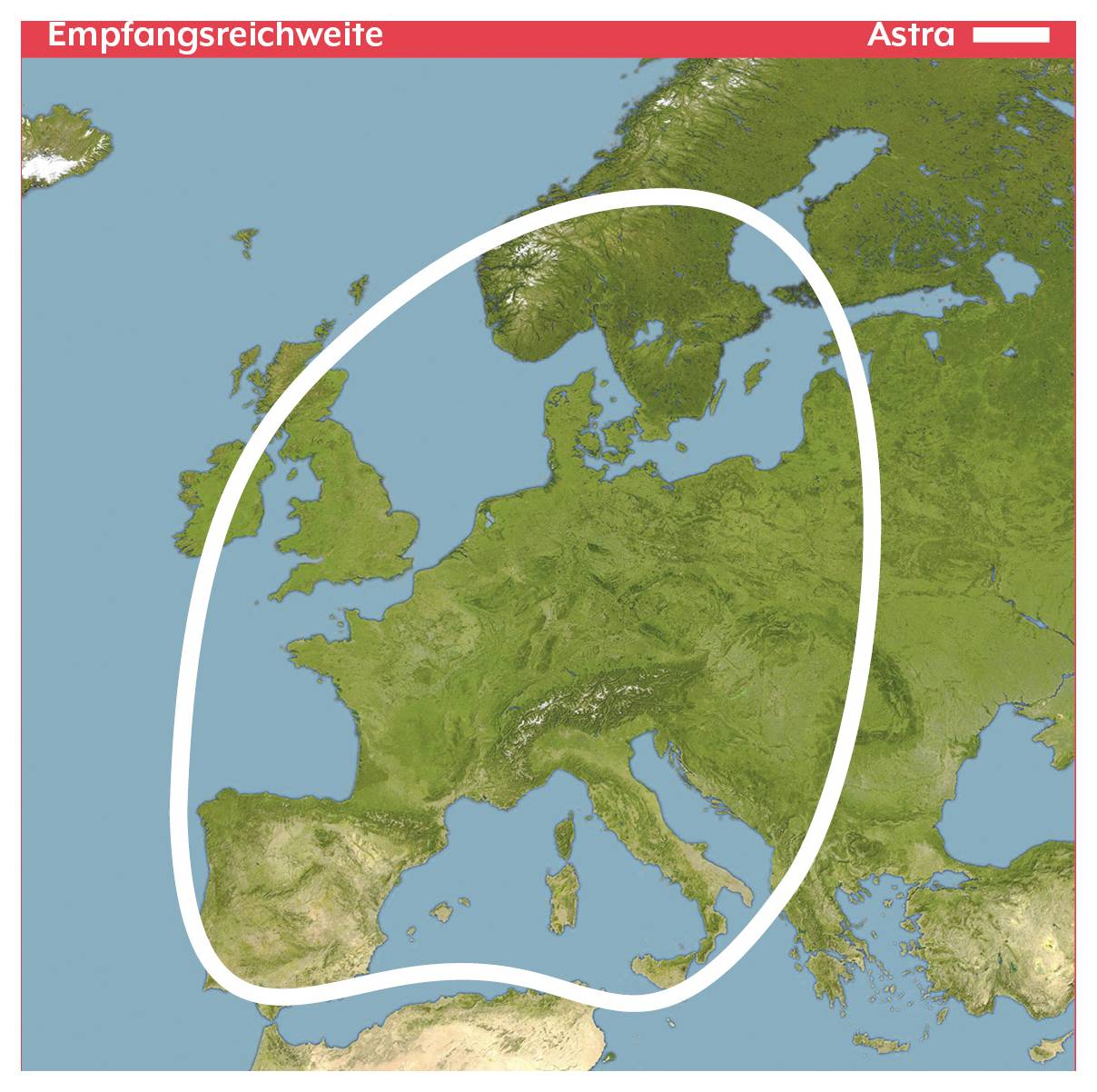 Karte von Europa mit einer weißen Oval, die das Astra-Satellitenabdeckungsgebiet zeigt, beschriftet mit „Empfangsreichweite