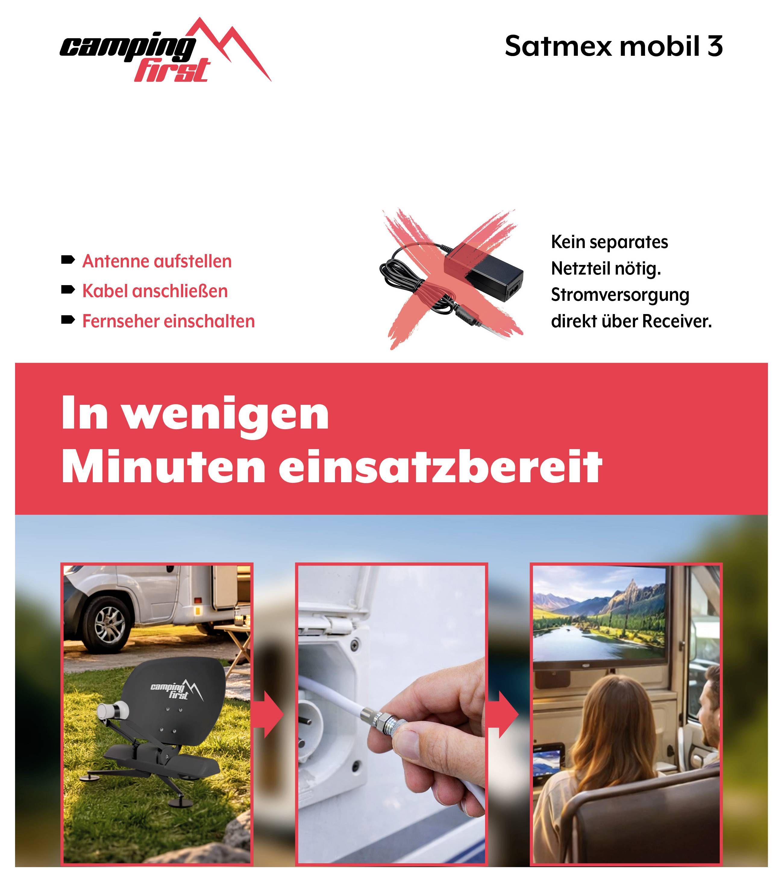 Camping First Satmex mobil 3 Anzeige zeigt schnelle Satelliten-TV-Einrichtung: 