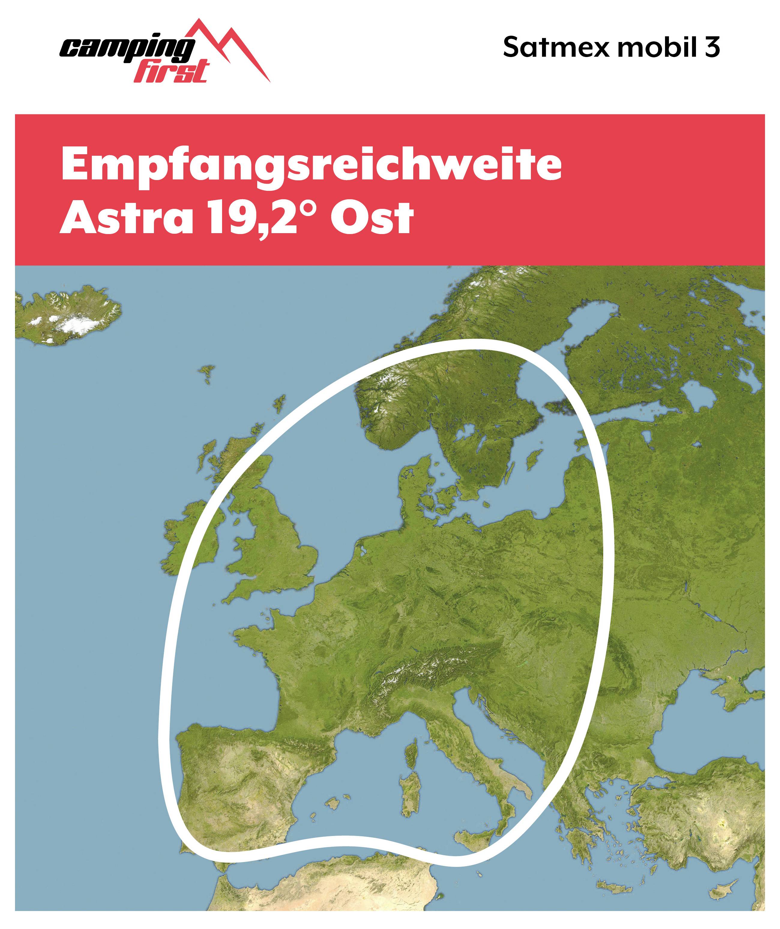 Satellitenkarte von Europa, die das Empfangsgebiet von „Empfangsreichweite Astra 19,2° Ost