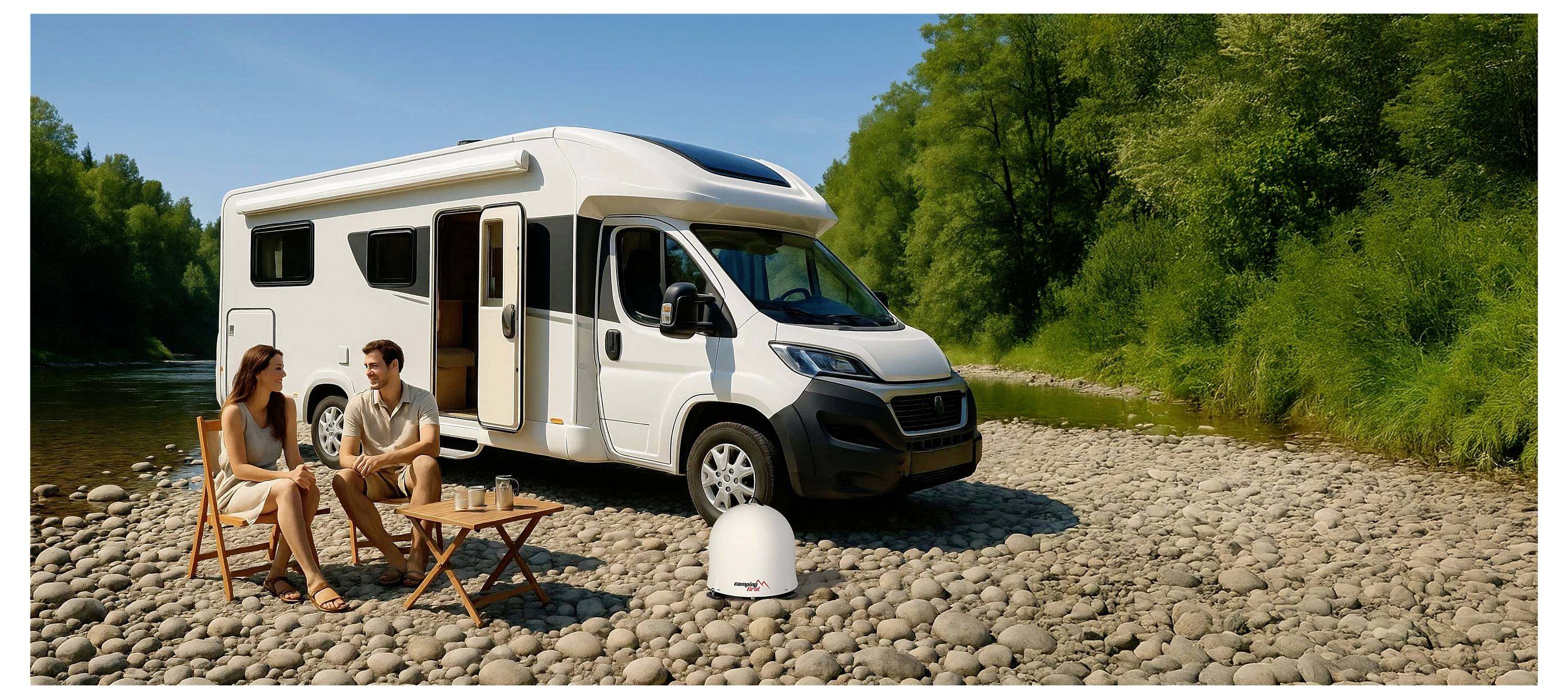Ein Paar entspannt sich auf Stühlen neben einem weißen Wohnmobil, das auf einem felsigen Flussufer unter einem klaren blauen Himmel geparkt ist.