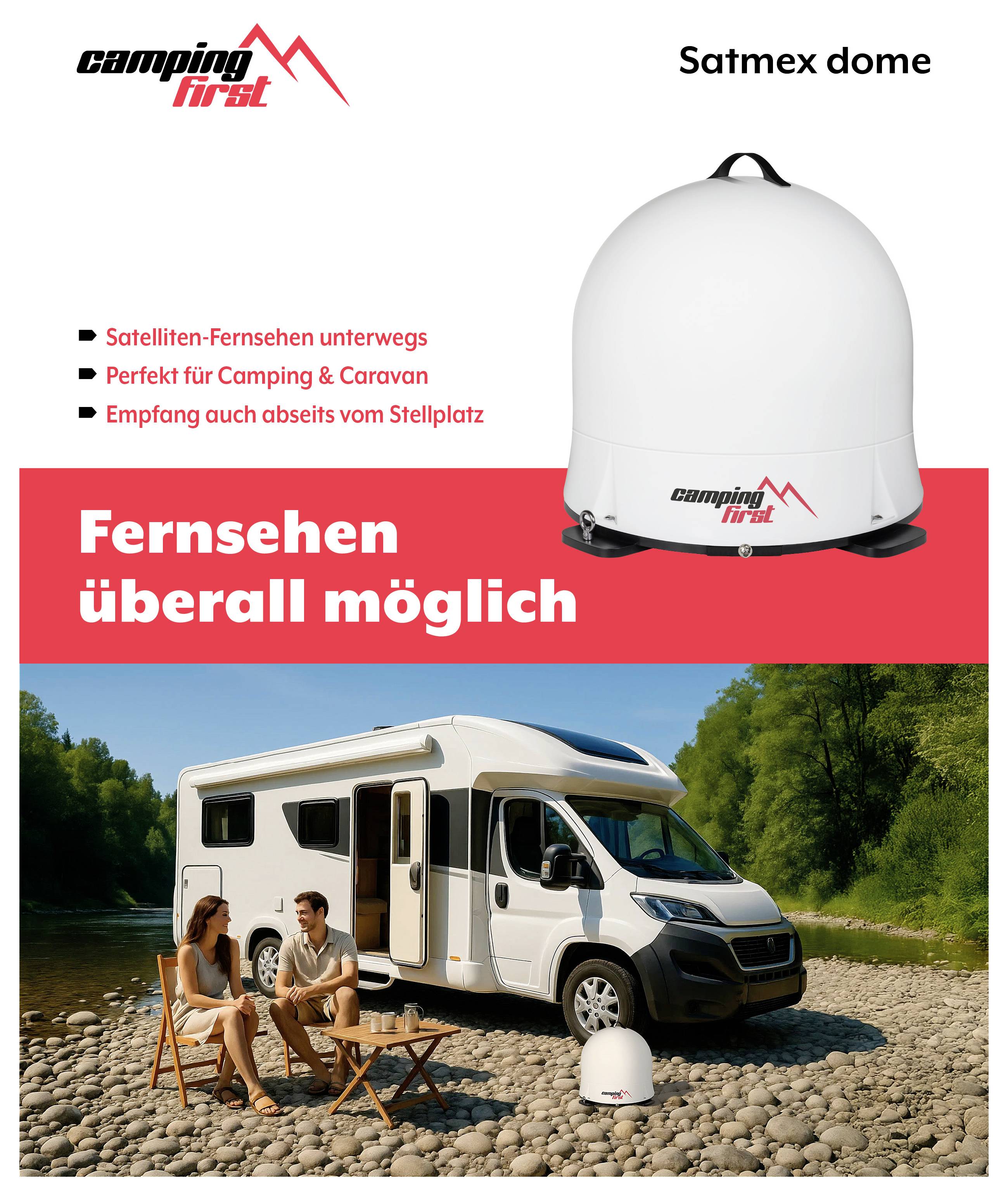 Camping Erste Satmex Satelliten-TV-Dome-Anzeige mit deutschem Text, zeigt eine weiße Dome-Antenne und ein Wohnmobil an einem Fluss, bewirbt TV überall beim Camping oder Caravaning.