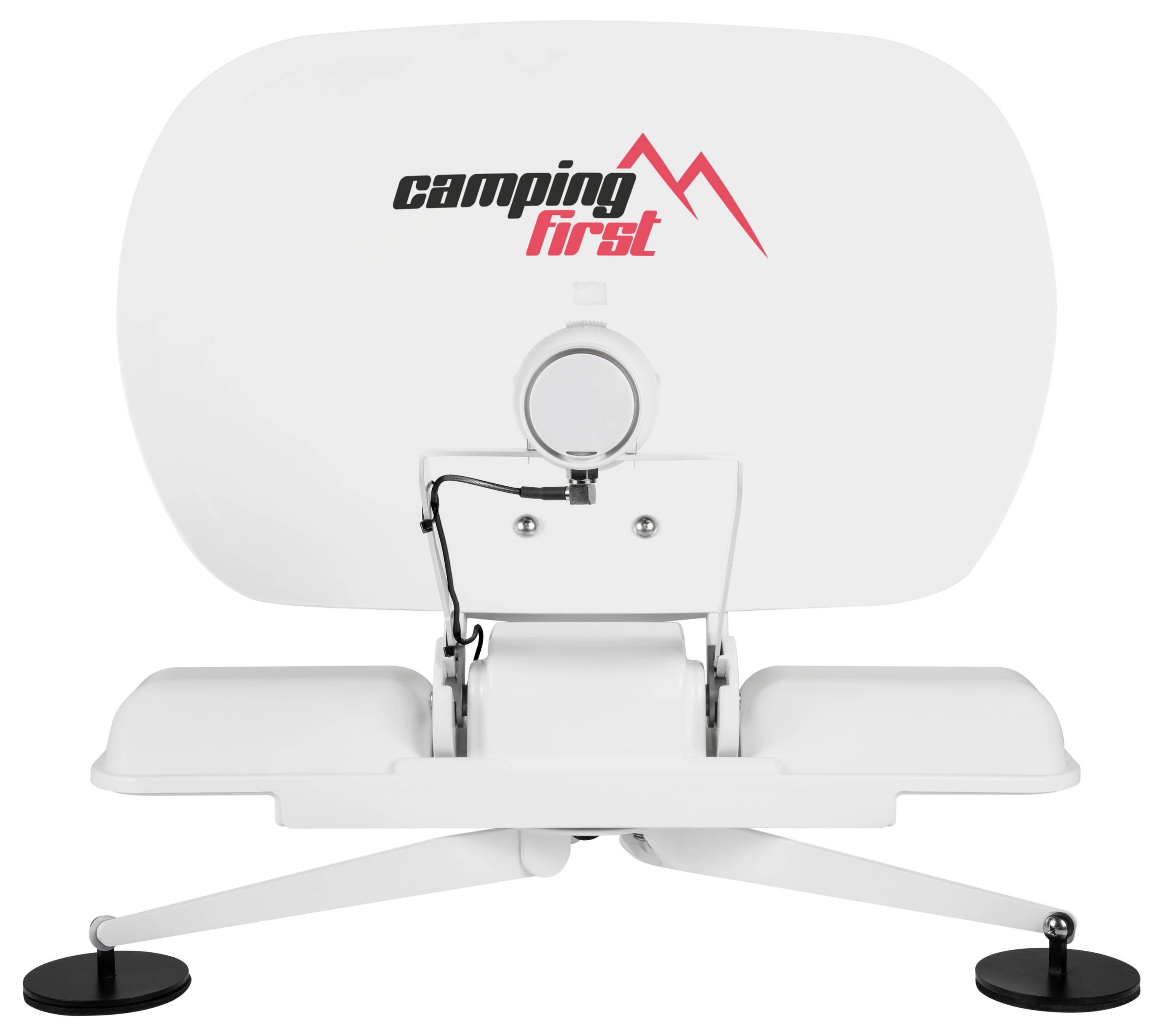 Weiße Camping-Satellitenfernsehantenne mit Klappsockel und schwarzen Saugfüßen, Vorderansicht auf weißem Hintergrund.