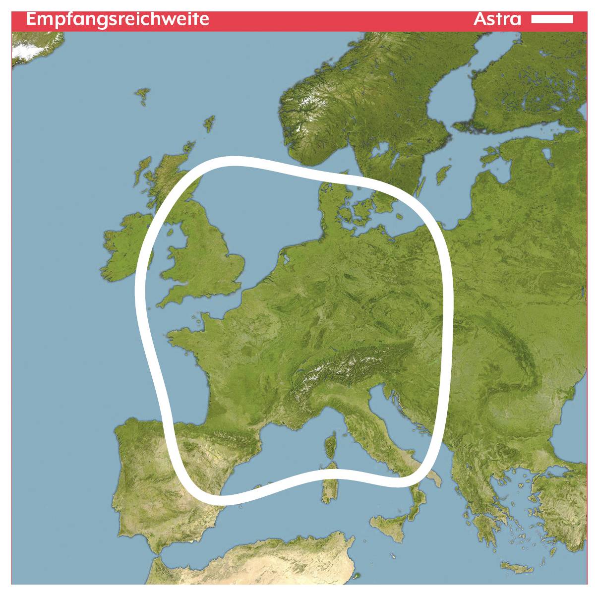 Karte Europas mit weißer Umrandung, die die Astra-Satellitenabdeckung über den größten Teil West- und Mitteleuropas zeigt, mit den Beschriftungen „Empfangsreichweite