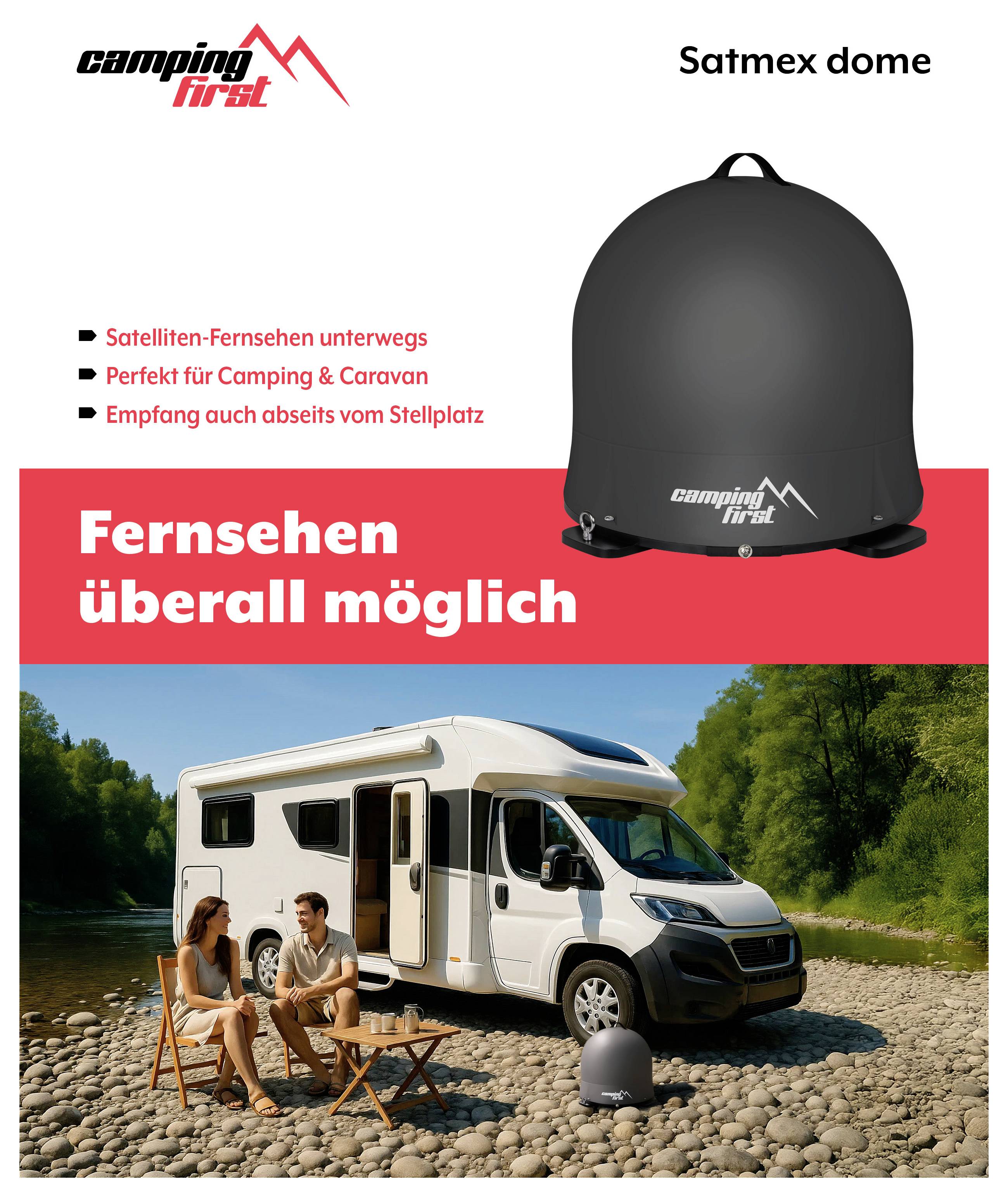 Camping First Satmex Dome Satelliten-Fernsehkuppel zum Camping und Caravanning, gezeigt mit einem Wohnmobil und dem Text „Fernsehen überall möglich