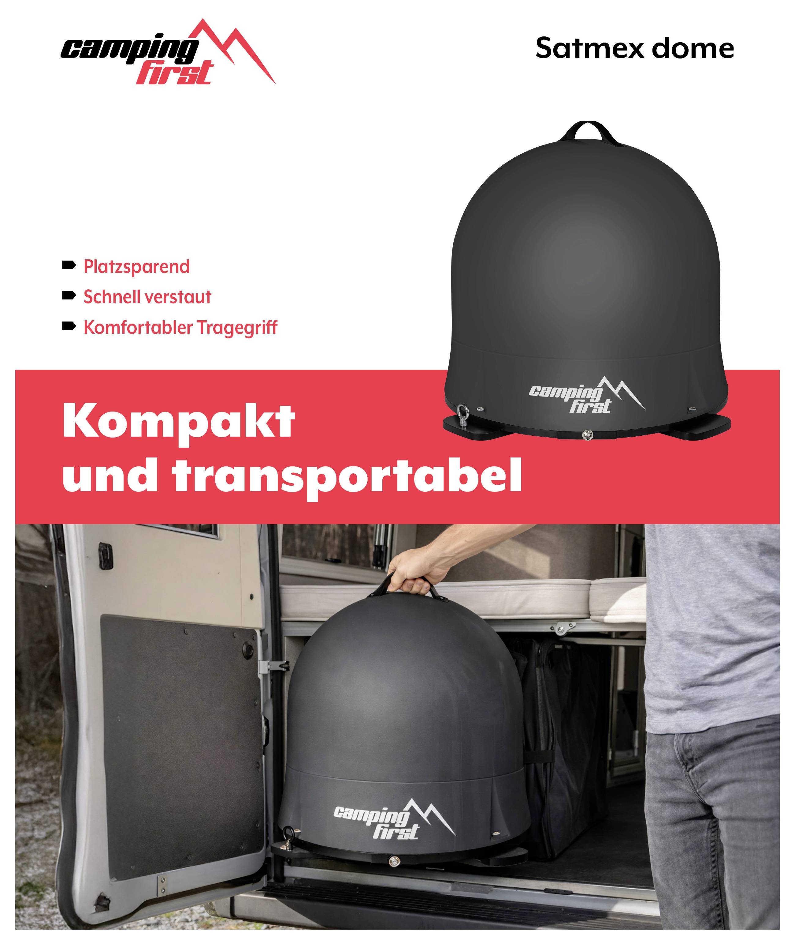 Camping First 'Satmex dome' tragbares Kuppelzelt wird gezeigt, wie es in einen Transporter getragen wird, mit Text, der kompakte, platzsparende Lagerung und einfachen Transport bewirbt.