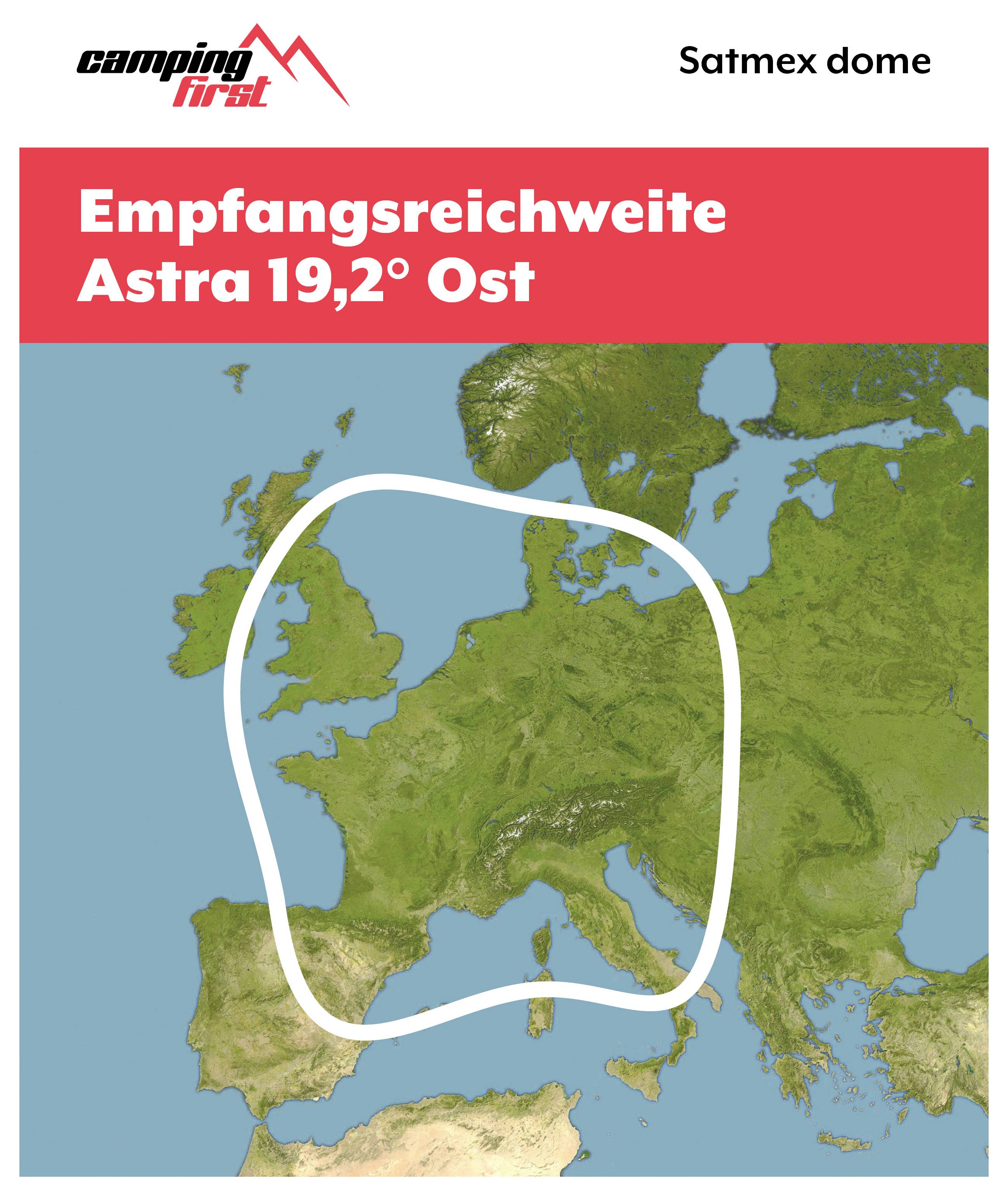 Karte Europas mit der Kennzeichnung „Empfangsreichweite Astra 19,2° Ost