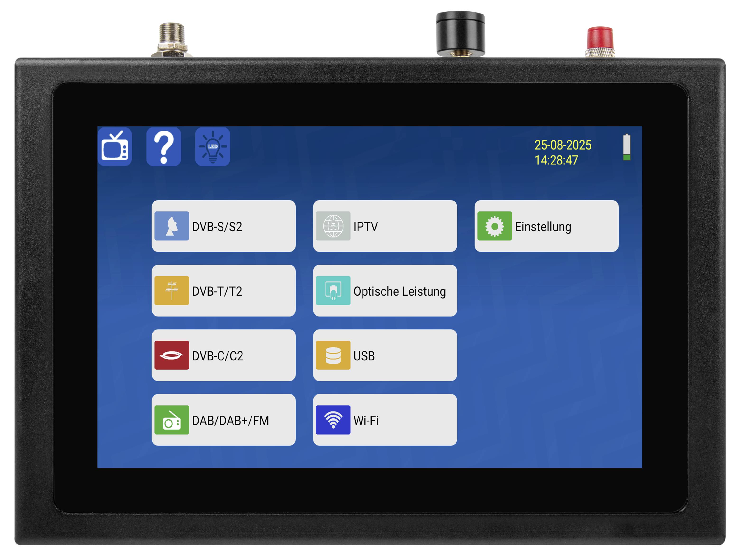 Handheld-Gerätebildschirm mit einem Hauptmenü mit auswählbaren Kacheln für DVB-S/S2, IPTV, Einstellungen, DVB-T/T2, optische Leistung, DVB-C/C2, USB, DAB/DAB+/FM und Wi-Fi.