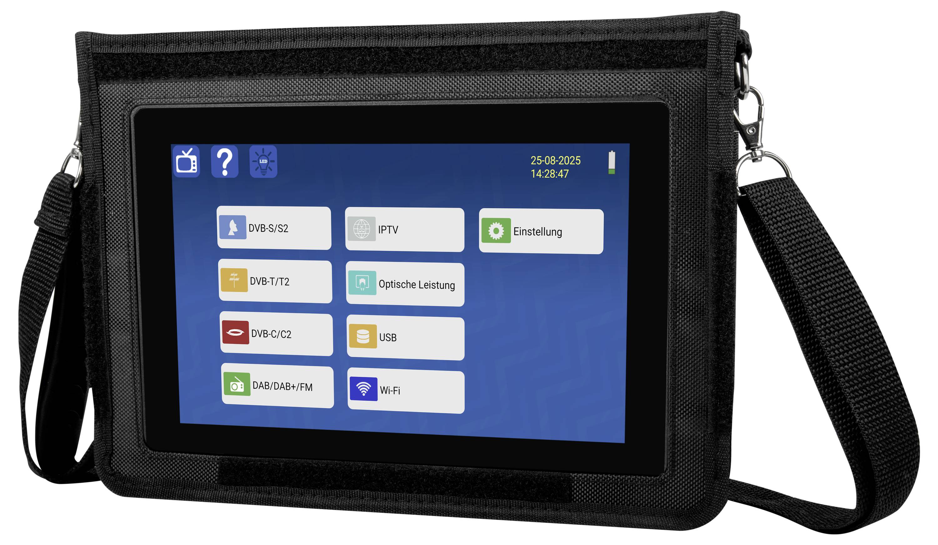 Tragbarer schwarzer Monitor-Koffer mit Anzeige eines Fernsehempfänger-Menüs mit Quelloptionen wie DVB-S/S2, IPTV, USB, Wi-Fi und Einstellungen.