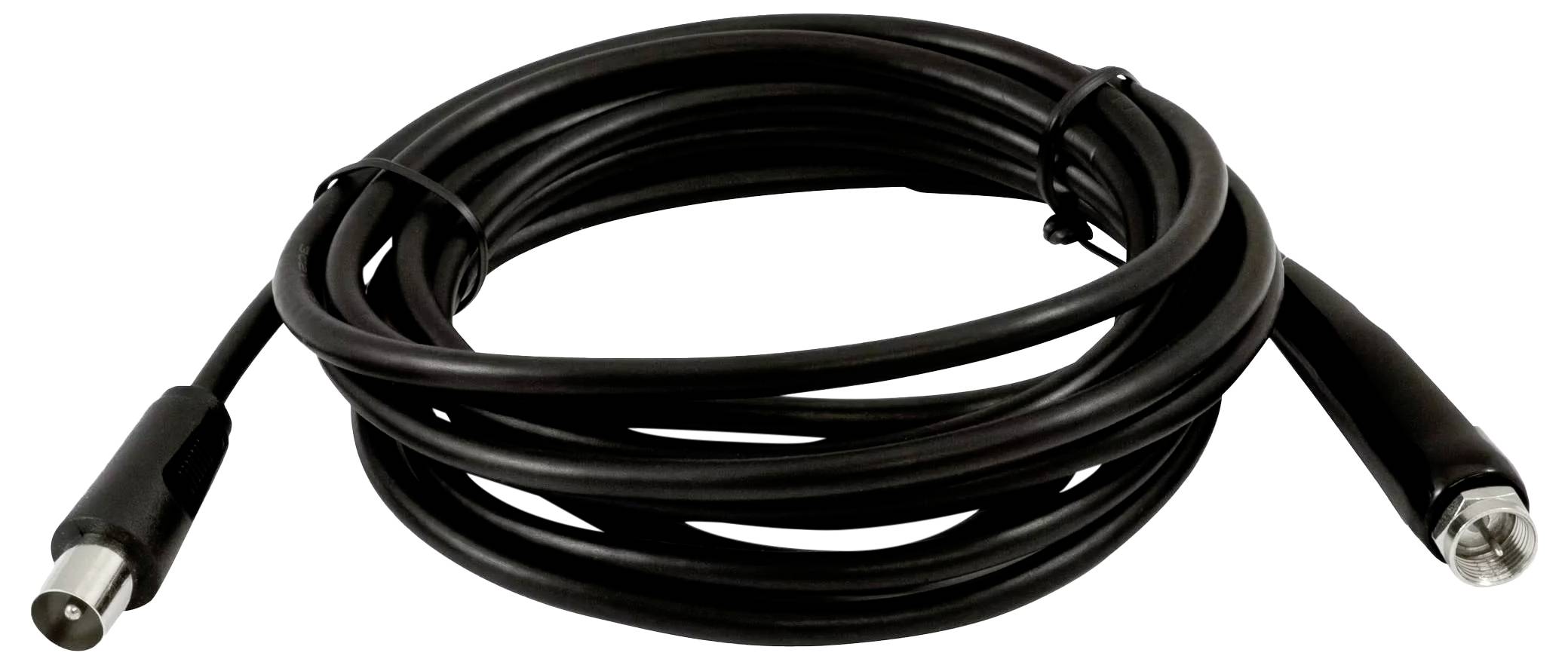Aufgerolltes schwarzes Kabel mit Metallsteckverbindern an beiden Enden, auf weißem Hintergrund dargestellt.