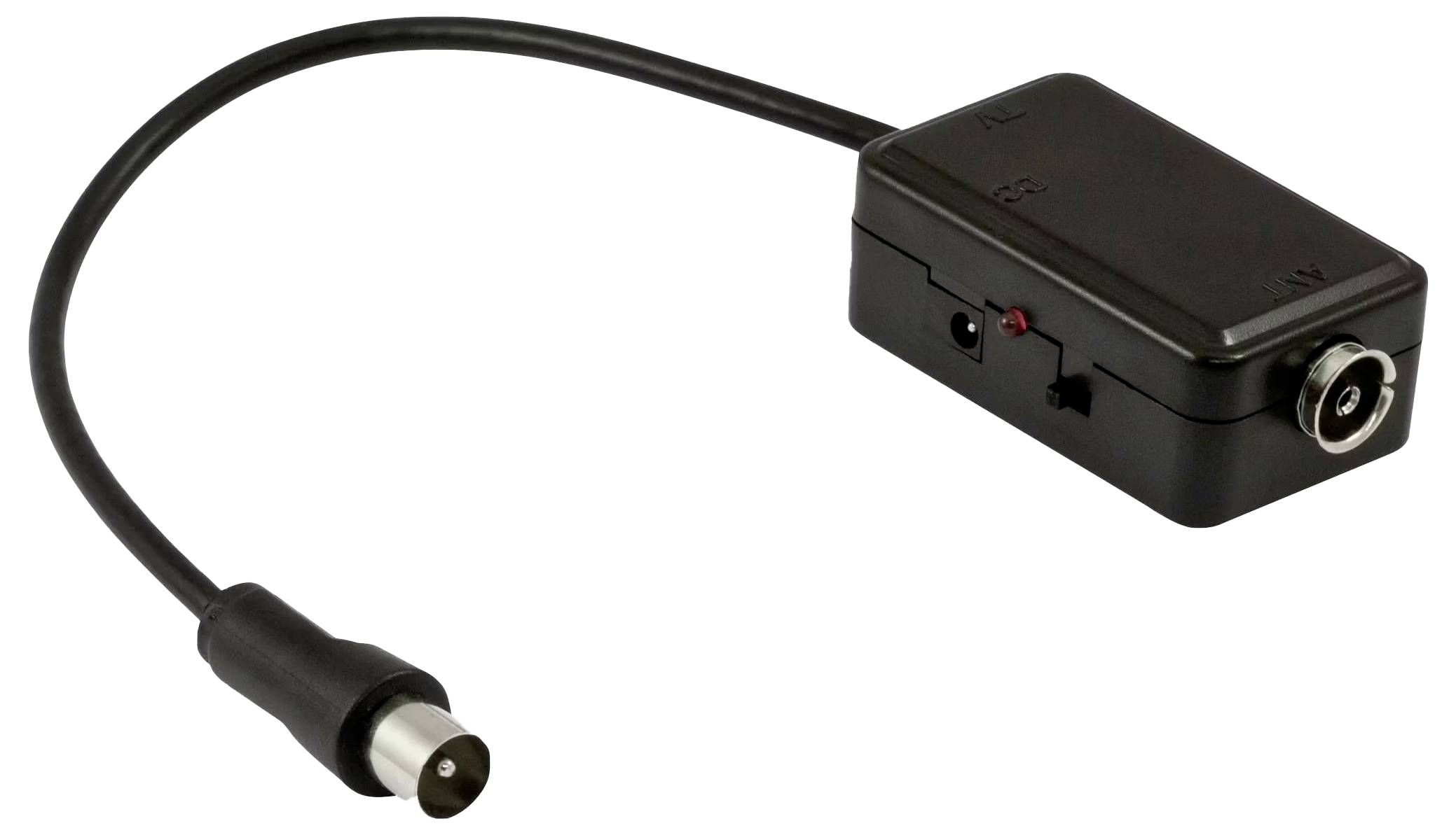Schwarzes Adapterkabel mit rechteckigem Inline-Strommodul und rundem Stecker auf weißem Hintergrund.