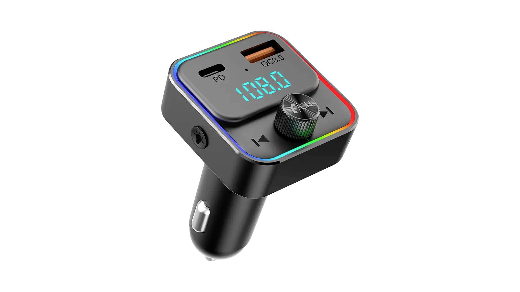 Schwarzes Auto-USB-Ladegerät mit zwei Anschlüssen, blauem LED-Spannungsdisplay und einem Drehregler oben.