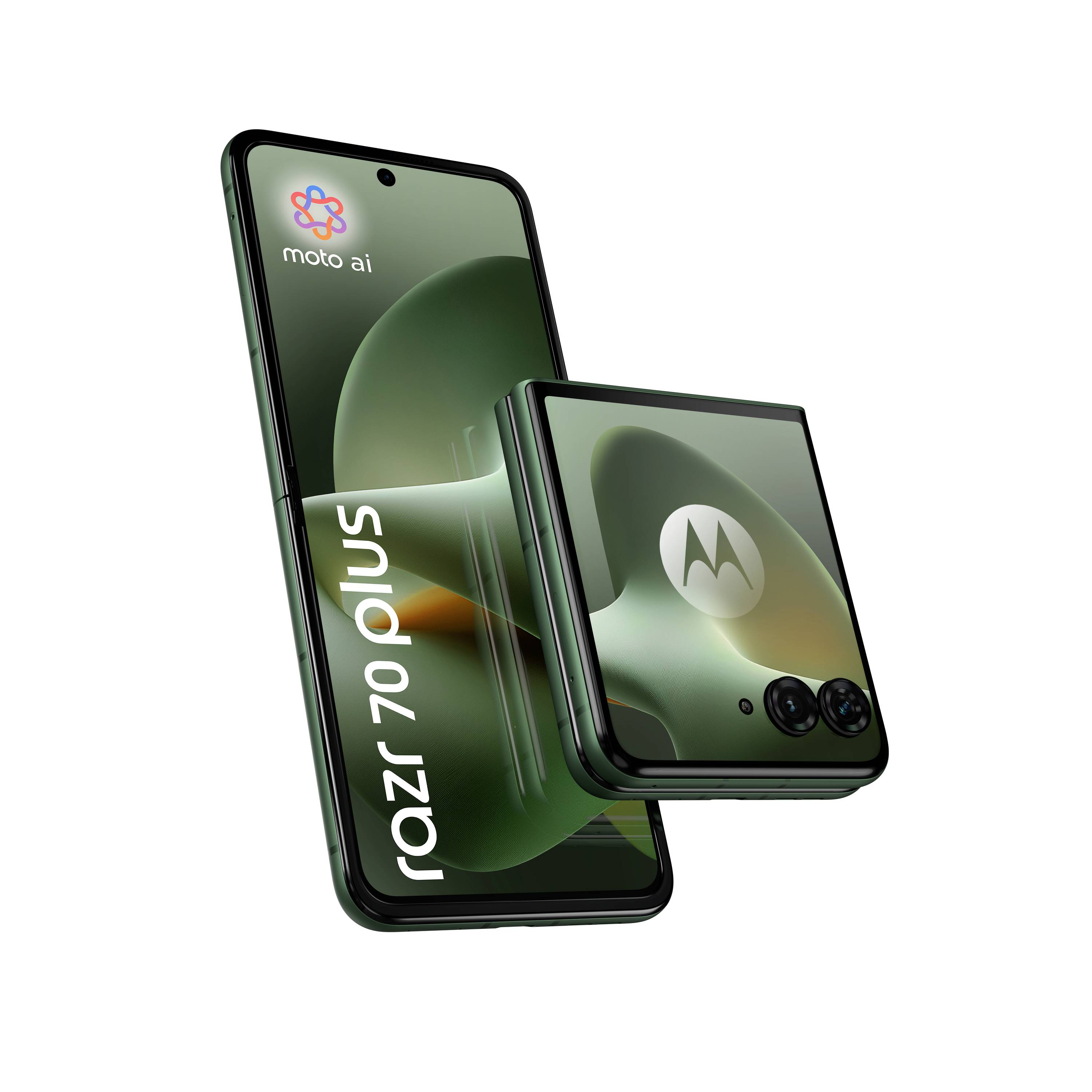 Motorola Razr 70 Ultra faltbares Smartphone, teilweise geöffnet, zeigt den grünen Bildschirm und das Moto AI-Branding.