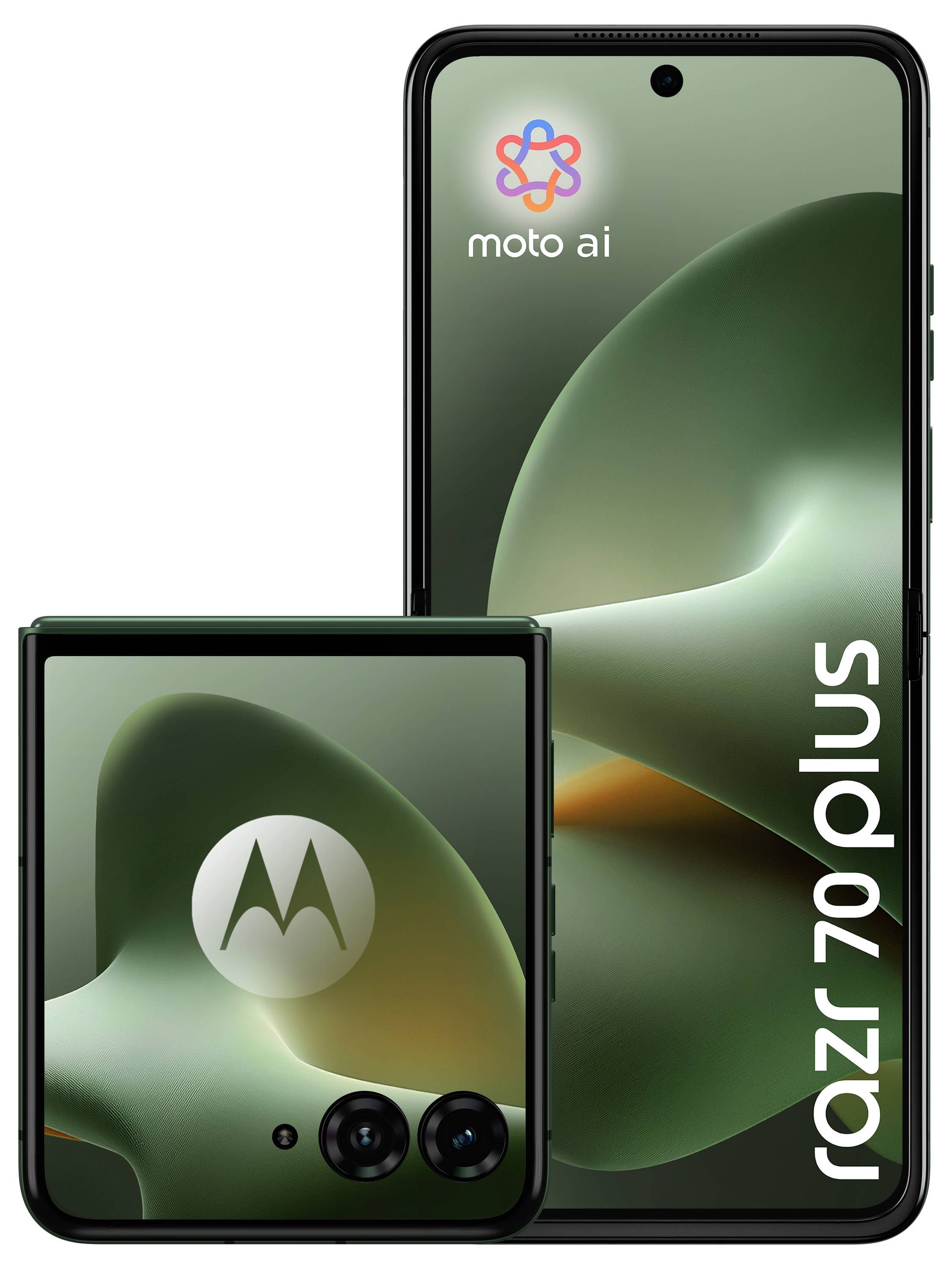 Zwei Motorola-Telefone von vorne gezeigt und aufgeklappt, mit grünen abstrakten Bildschirmen mit „moto ai