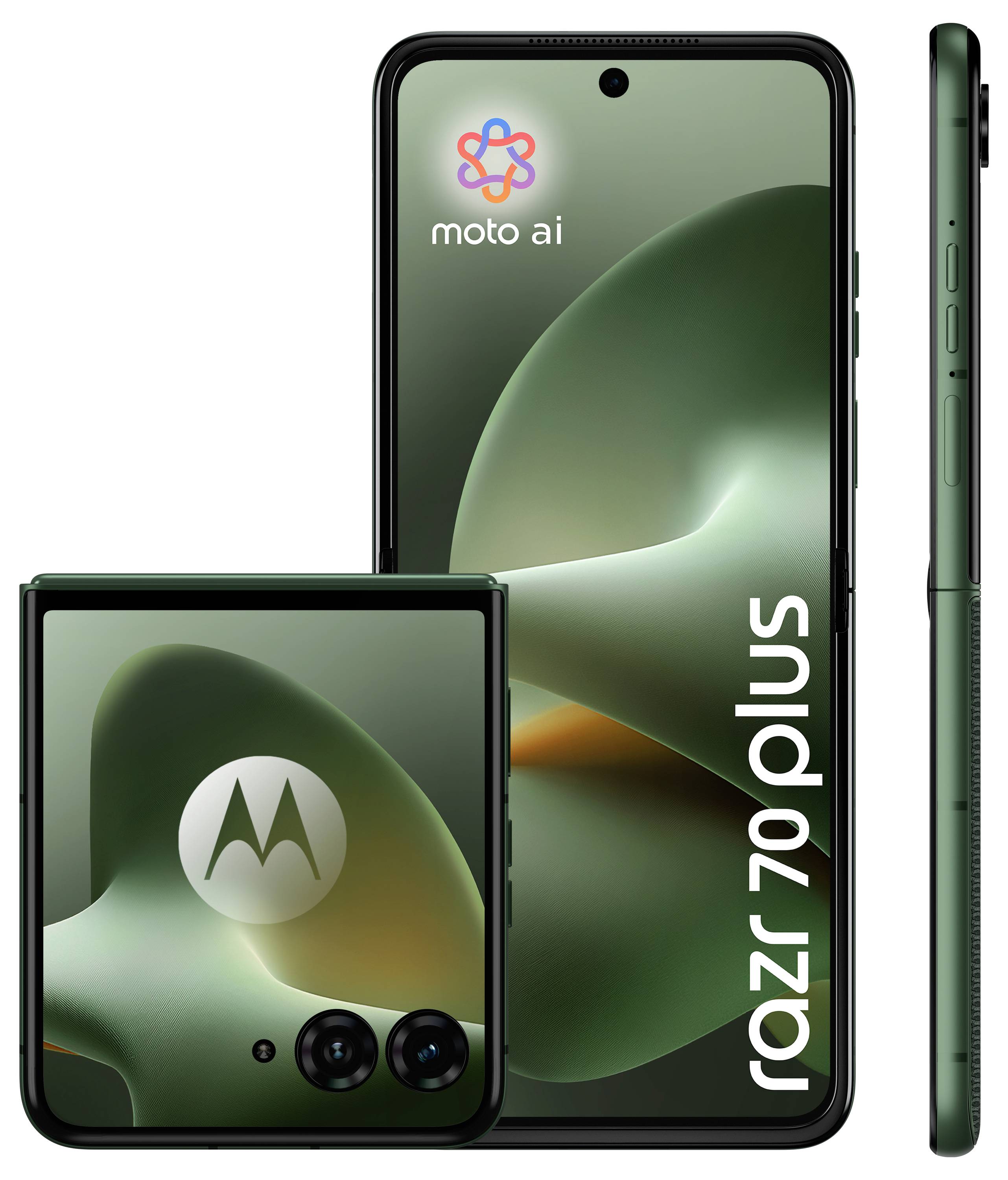 Werbebild des faltbaren Motorola Razr 70 Plus Telefons in Grün, dargestellt offen und geschlossen mit „moto ai