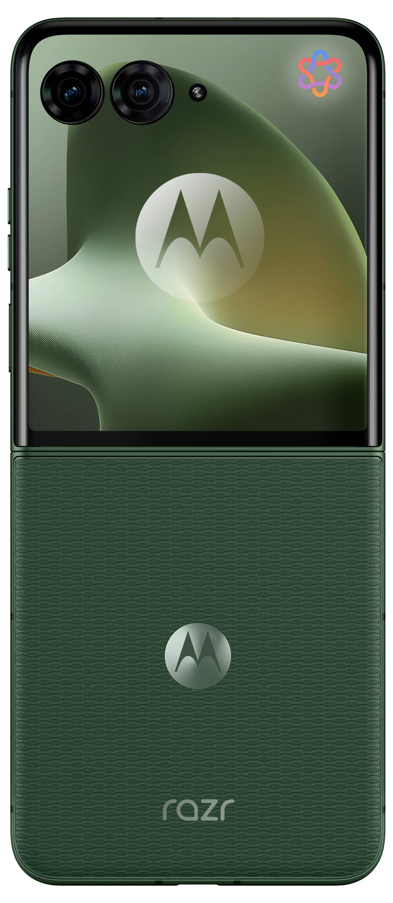 Vorder- und Rückansicht eines grünen klappbaren Motorola Razr Handys mit einem großen Coverdisplay in der oberen Hälfte und 'razr'-Branding in der unteren Hälfte.