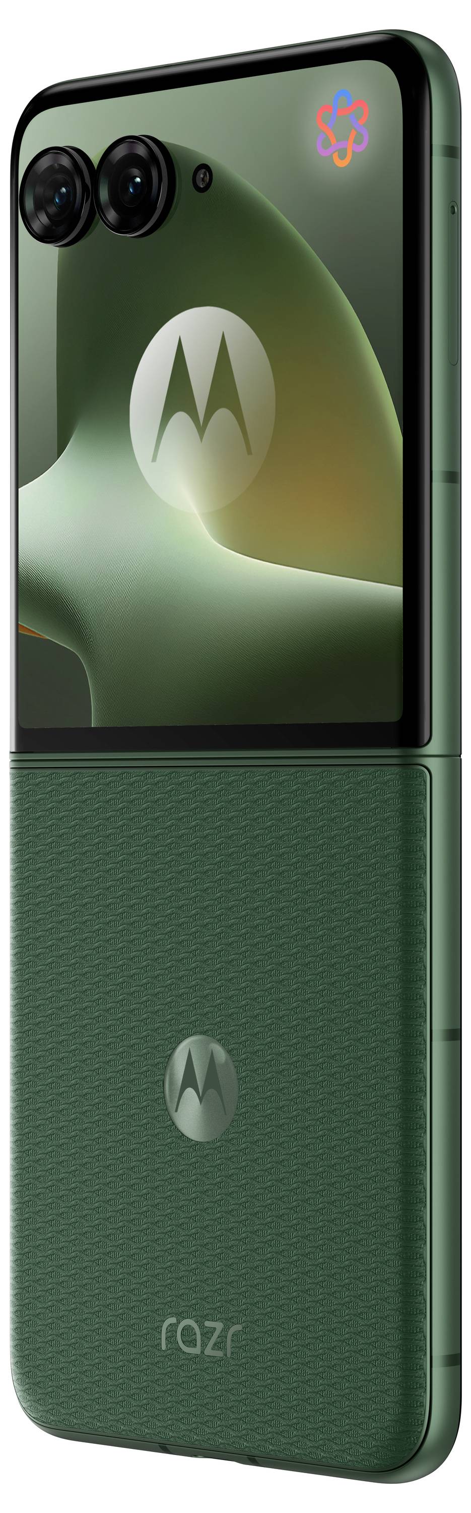 Grünes Motorola Razr Falttelefon, teilweise geöffnet dargestellt, mit doppelten rückwärtigen Kameras und Motorola-Logo auf der Vorderseite und Rückseite.