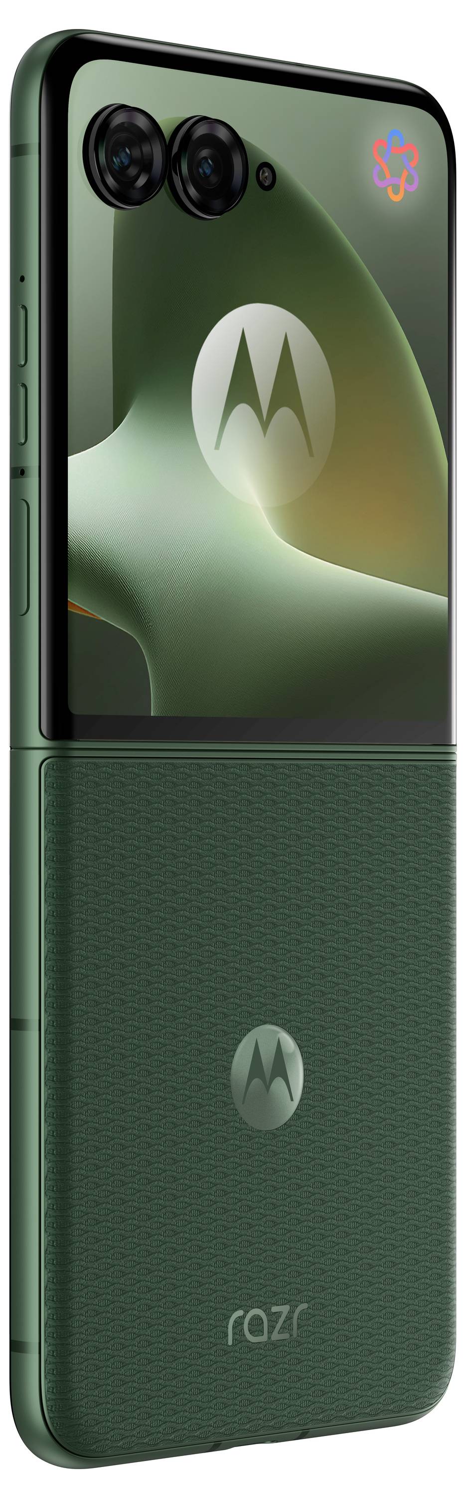 Grünes Motorola Razr-Faltbar-Smartphone in geöffneter Position, mit Dual-Frontkameras und Motorola-Logo auf dem Bildschirm und der Rückseite.