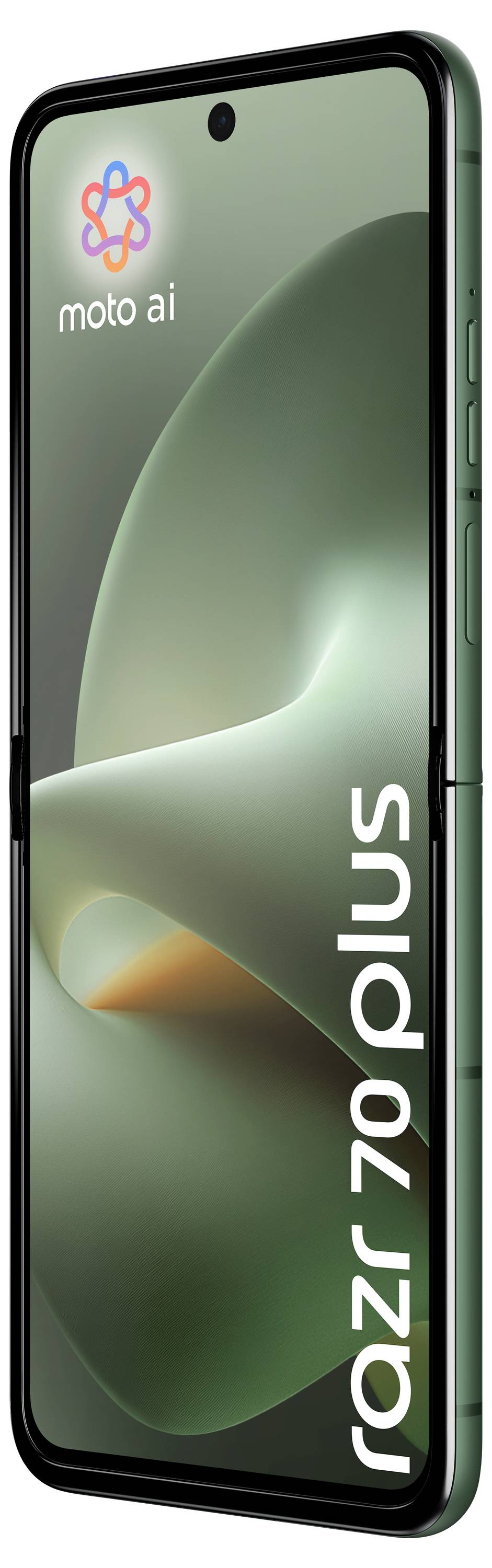 Motorola moto ai-Smartphone von vorne und von der Seite dargestellt, mit grünem Bildschirmhintergrundbild und der Aufschrift 