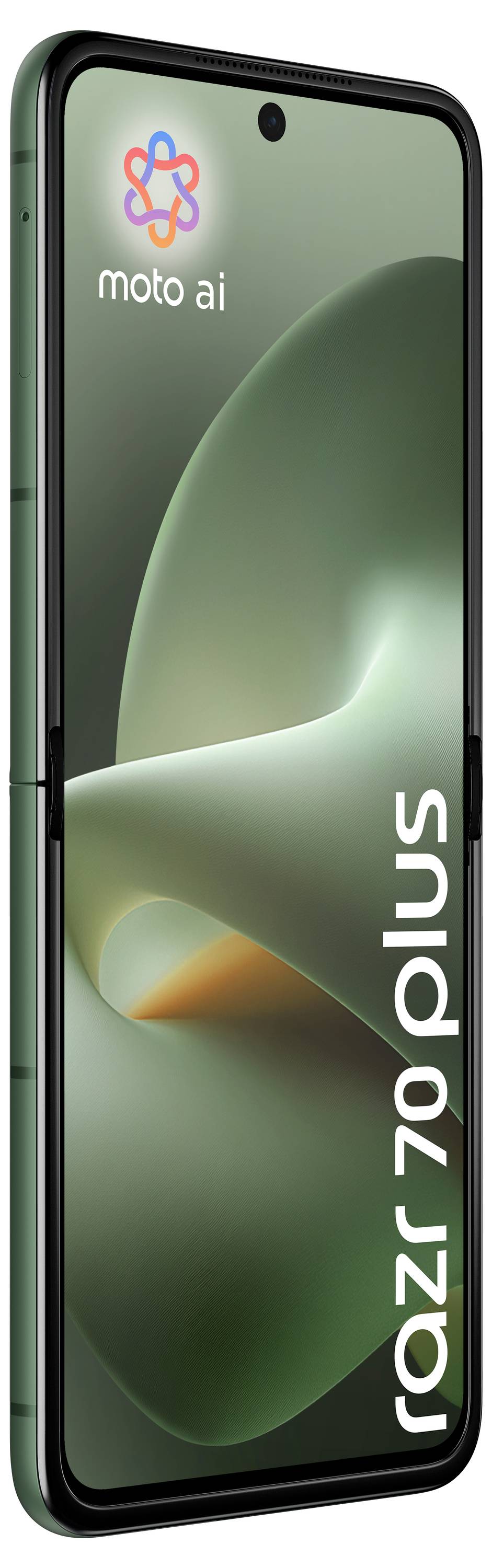 Motorola Razr 70 Plus faltbares Smartphone im geöffneten Zustand, grüner Bildschirmhintergrund mit „moto ai