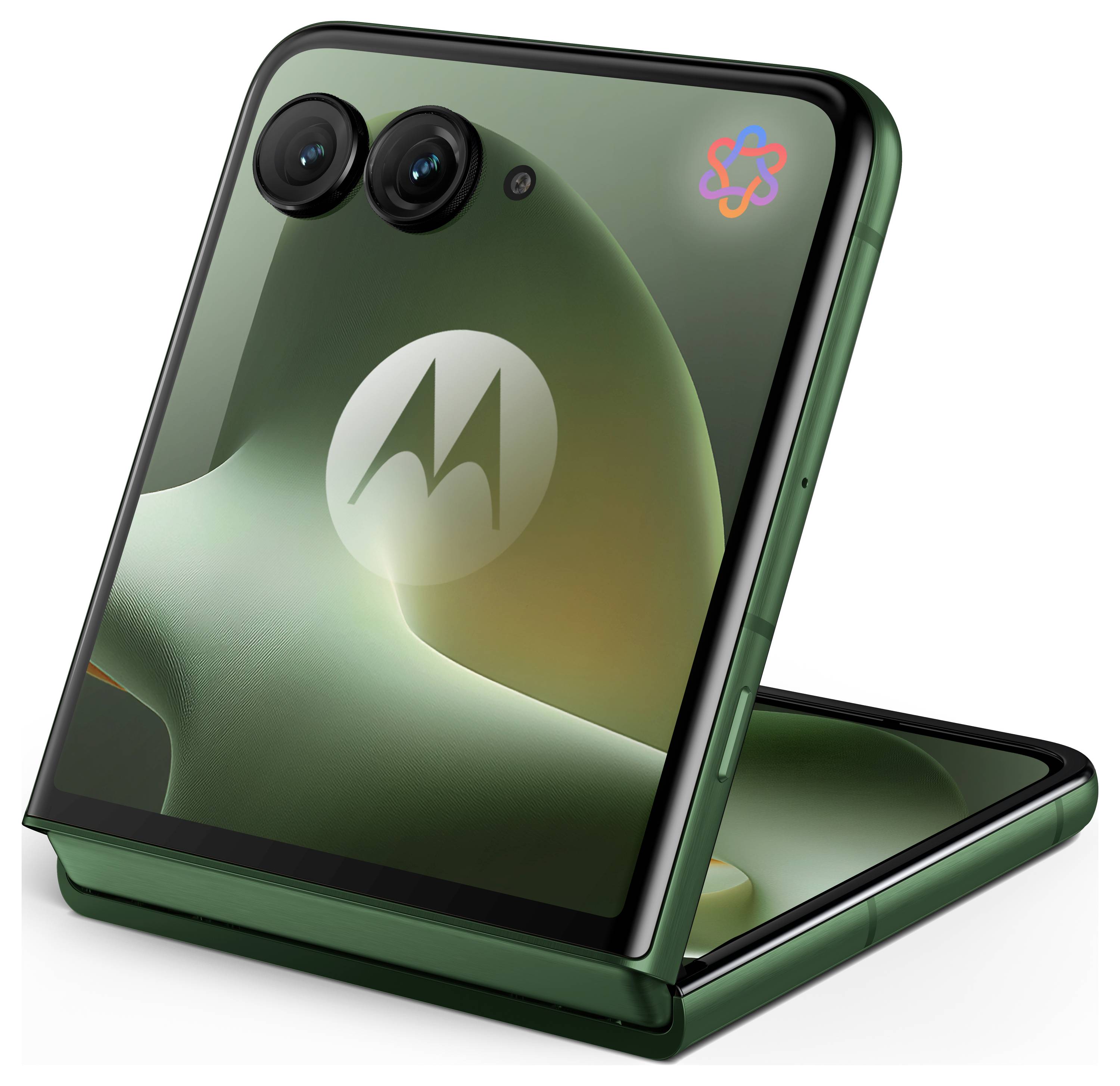 Grünes faltbares Motorola-Smartphone, teilweise geöffnet gezeigt, mit Dual-Rückkameras und sichtbarem Motorola-Logo auf dem Abdeckungsbildschirm.