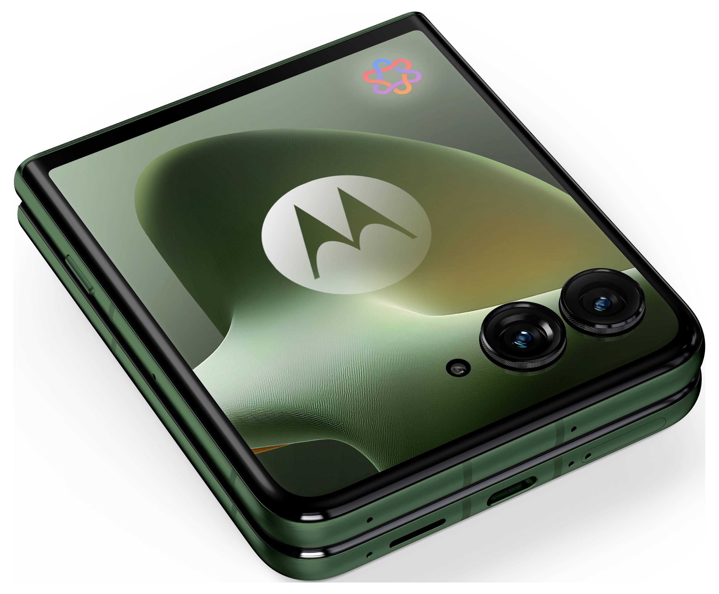 Zusammenklappbares Motorola-Smartphone in Dunkelgrün, teilweise offen gezeigt mit dualen rückwärtigen Kameras und Motorola-Logo auf dem Bildschirm.