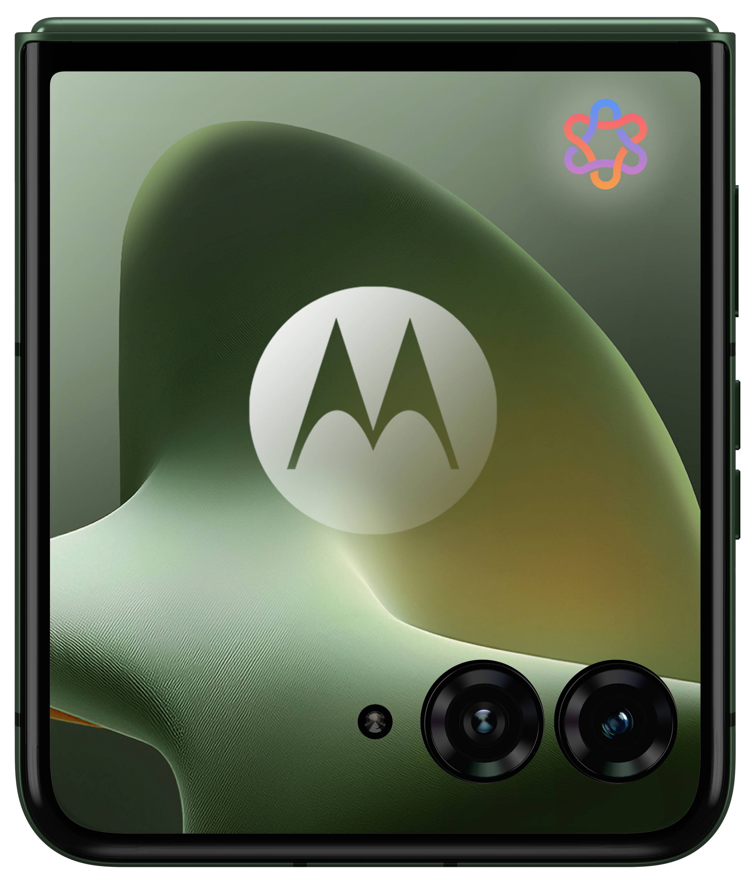 Vorderansicht eines faltbaren Motorola-Smartphones mit grünem abstraktem Hintergrundbild und Dual-Kameras auf der Rückseite, die in der unteren Hälfte sichtbar sind.
