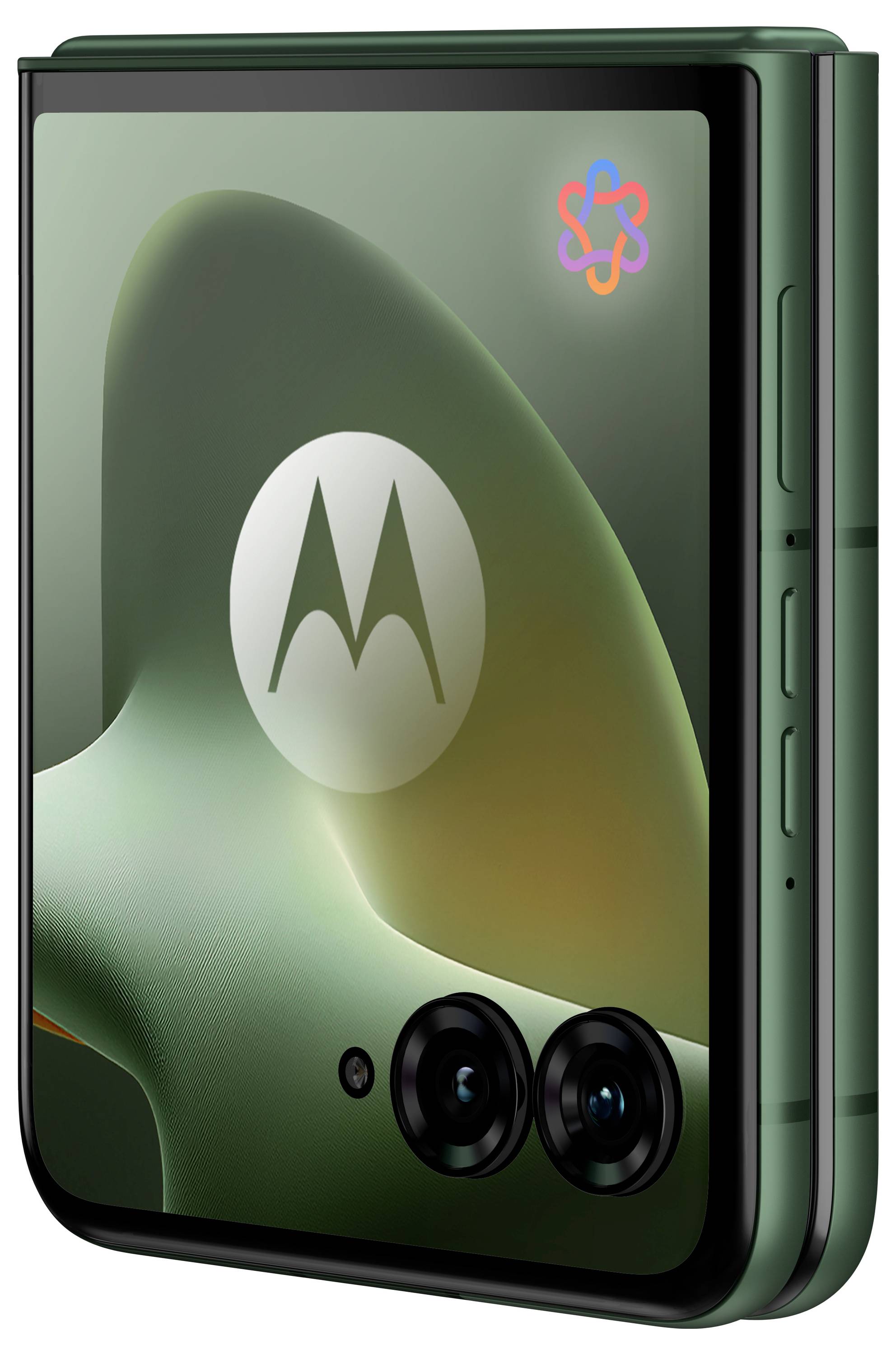 Grünes Motorola-Smartphone, gezeigt in Front- und Seitenansichten, mit Dual-Rückkameras und Motorola-Logo auf dem Display.