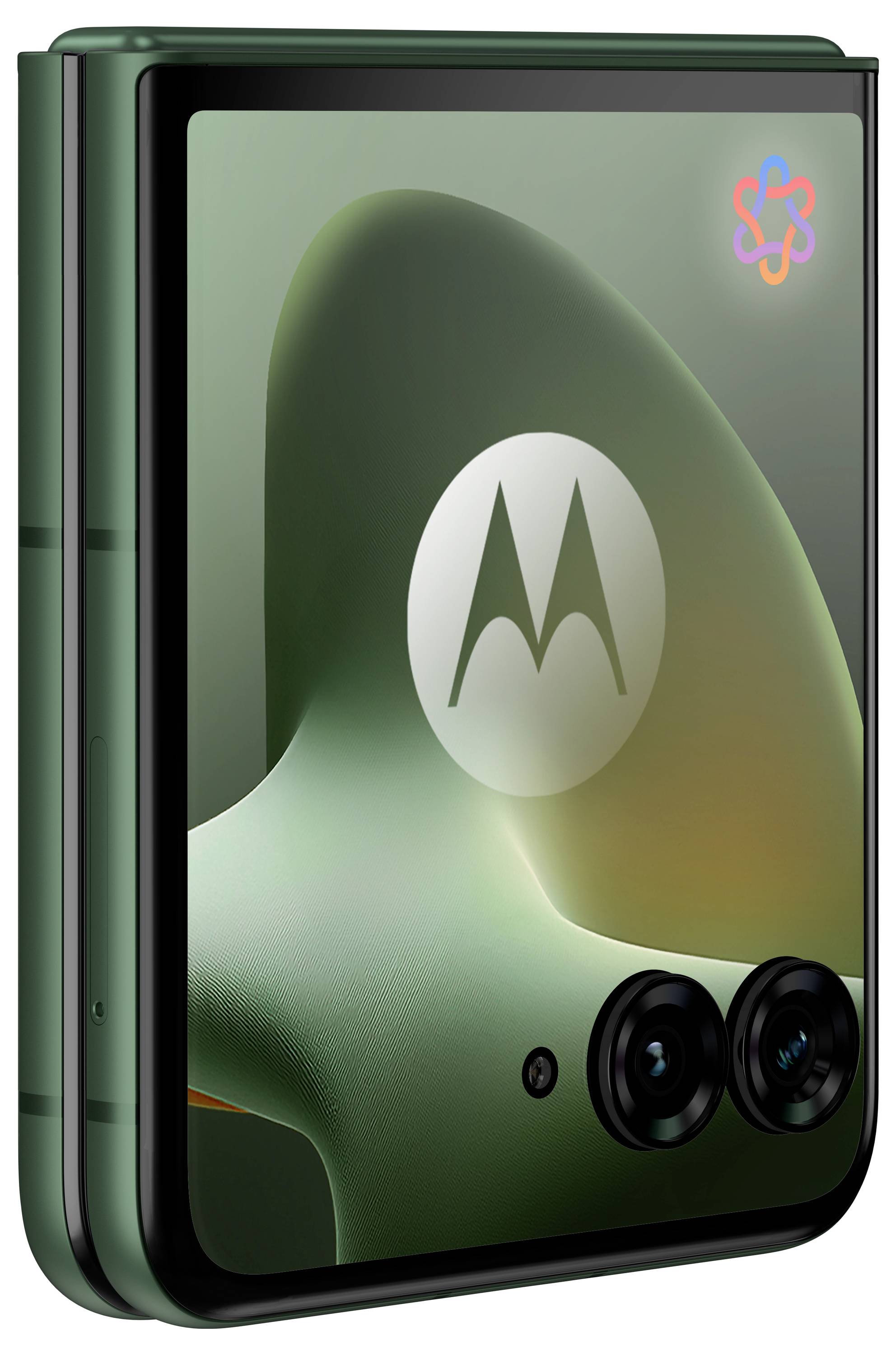 Drei grüne Motorola-Smartphones, die gestapelt und angewinkelt angeordnet sind, wobei das vordere Telefon das Motorola-Logo und zwei Rückkameras anzeigt.